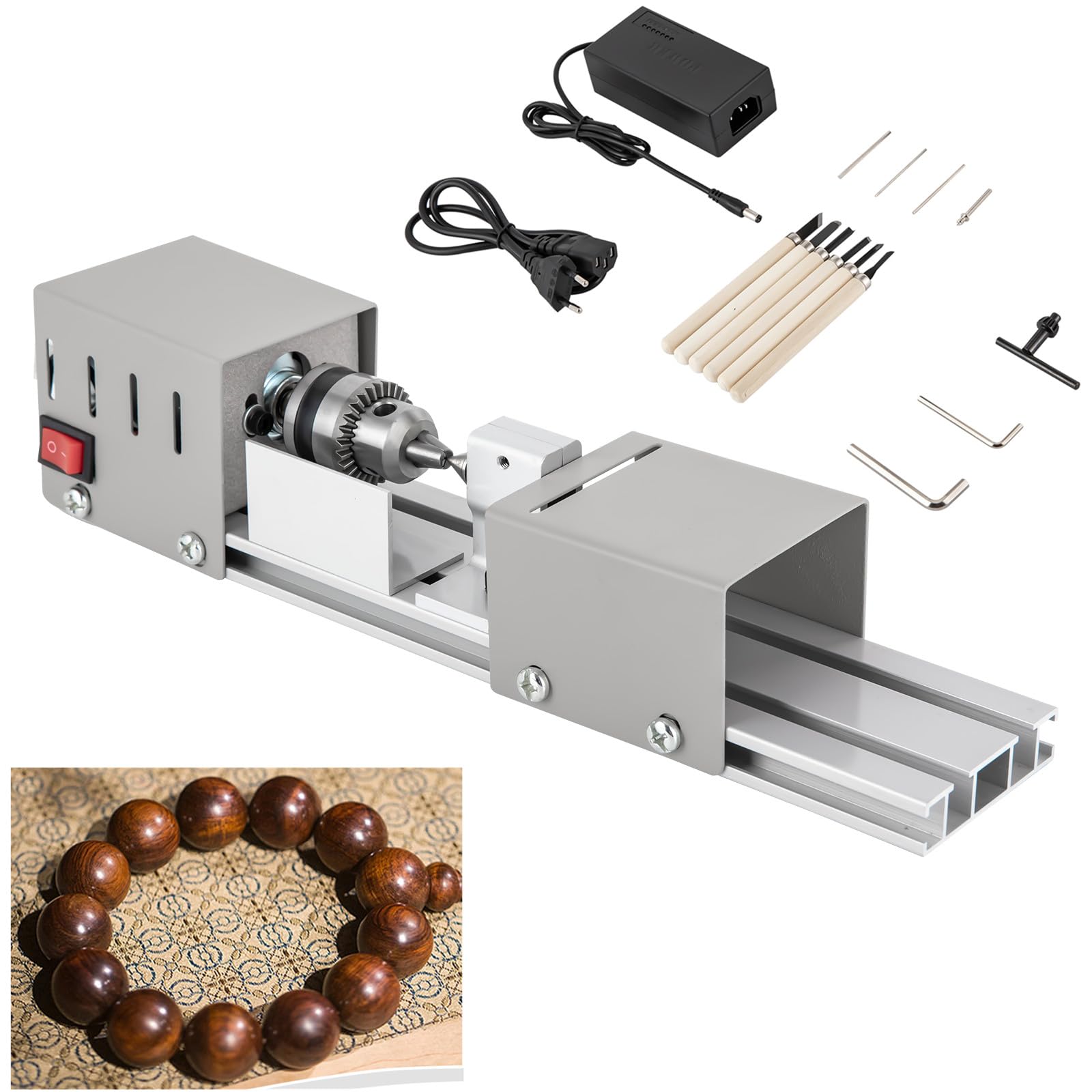 Holz-Drehmaschine mit 220V auf DC12-24V Spannungswandler, 7 Geschwindigkeiten Einstellbar, 6 Klingen, 96W 4000-9000rpm Mini DIY Fräsen Werkzeug, Perlen Holzbearbeitung,Poliermaschine, Drehbank