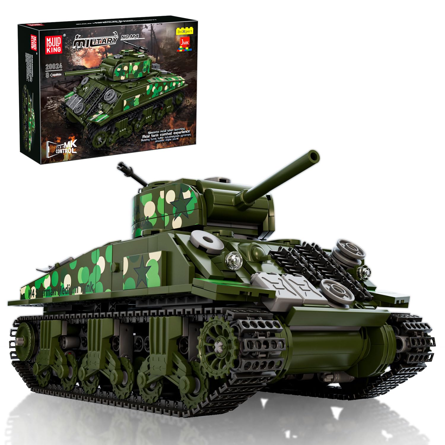 Mould King 20024 RC M4 Sherman Tank Bloc Jouet Télécommande Clip pour Adultes et Adolescents (961 LB)