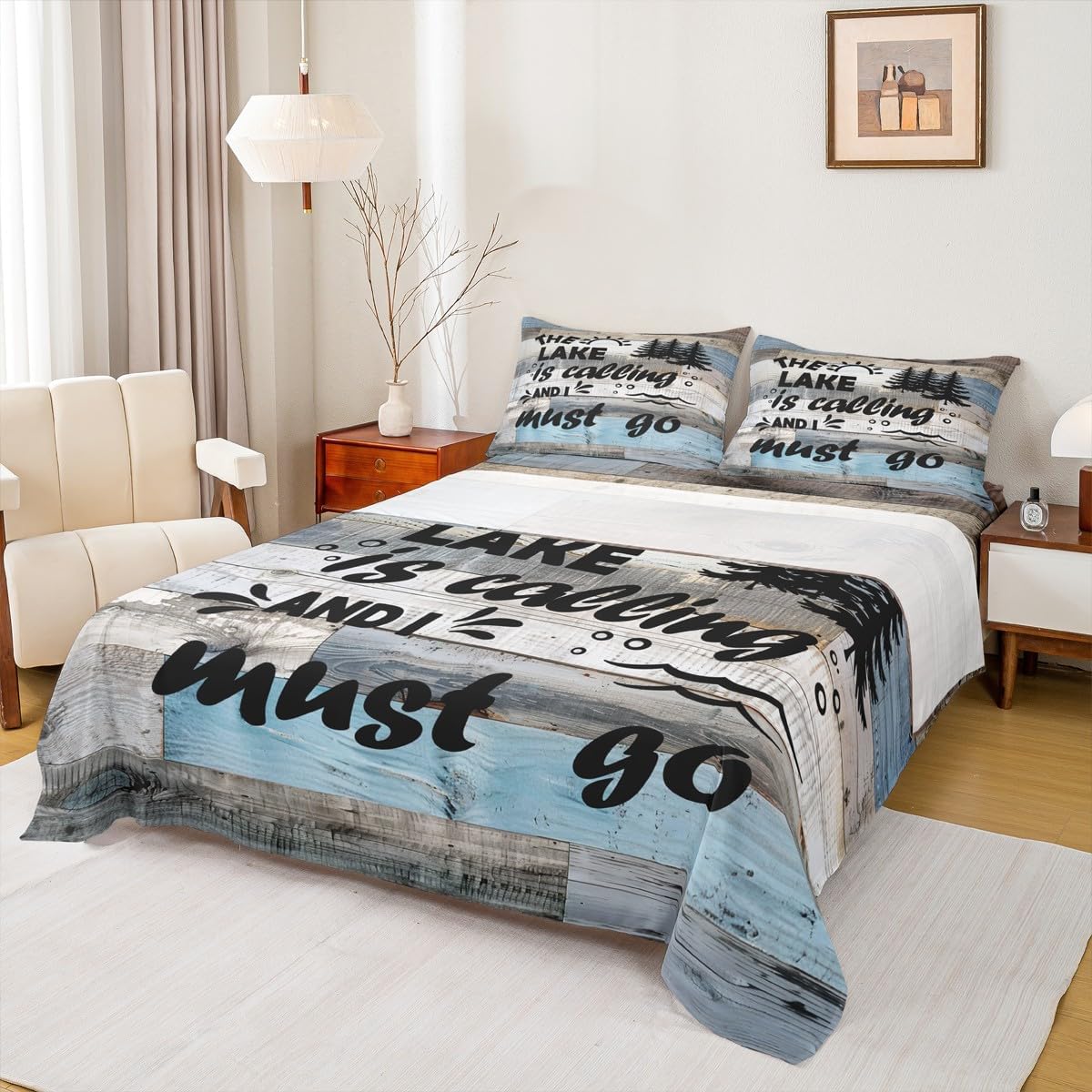 Rustic Farmhouse Bedding Set Lake House Sheet Set King Size for Girls Kids Boys Cabin Room Decor,Black Pine Tree and Funny Quotes Bed Sheet Outdoor Traveling Fitted + Flat Sheet 4pcs,2 Pillowcases