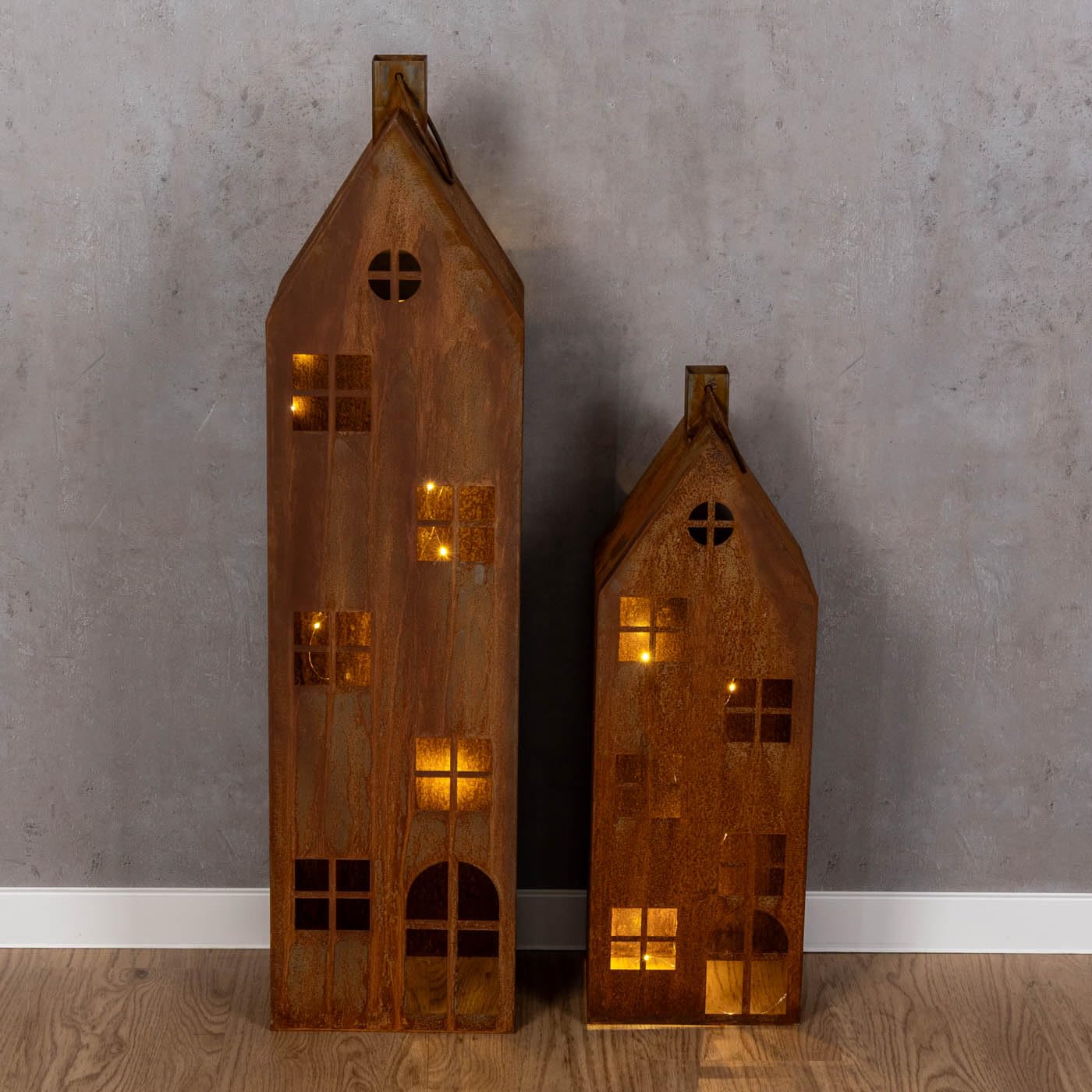 2er Set Laterne Haus H65-95cm Metall Rost Deko Windlicht Shabby Chic Vintage Kerze Kerzenständer Lichtdeko