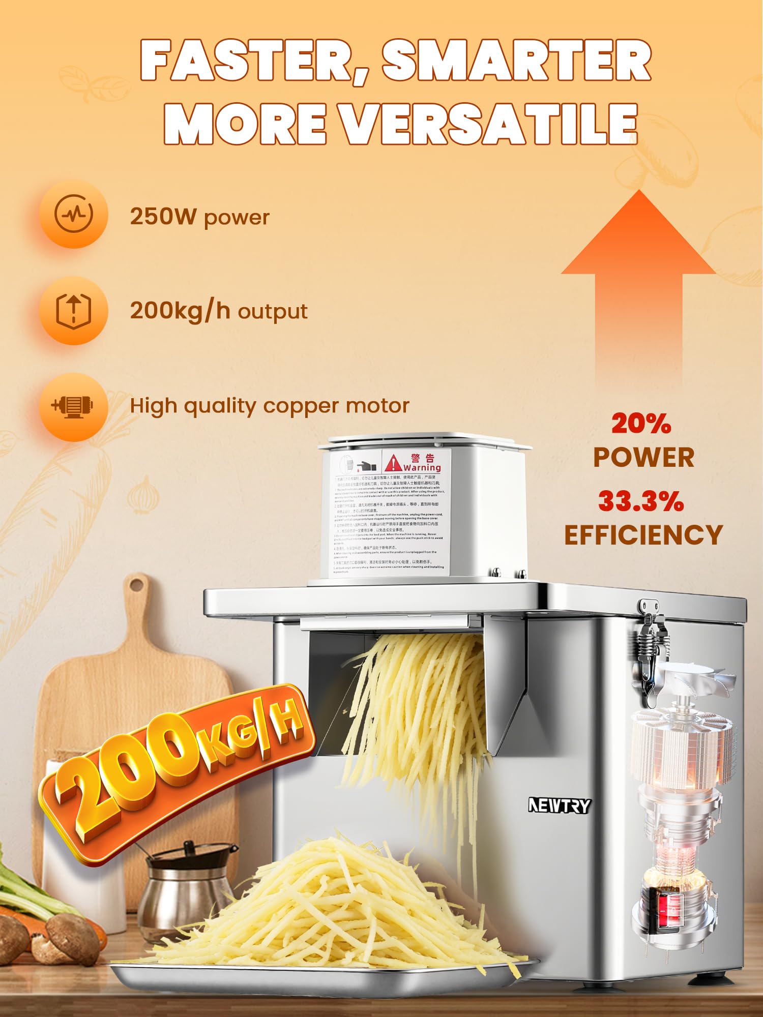 NEWTRY 4-en-1 Commercial Machine à Couper Légumes Électrique - Machine de Cuisine Inoxydable 250W, Ciseleur en Dés pour Dés, Râpage, Coupe et Lanières, 200kg/h