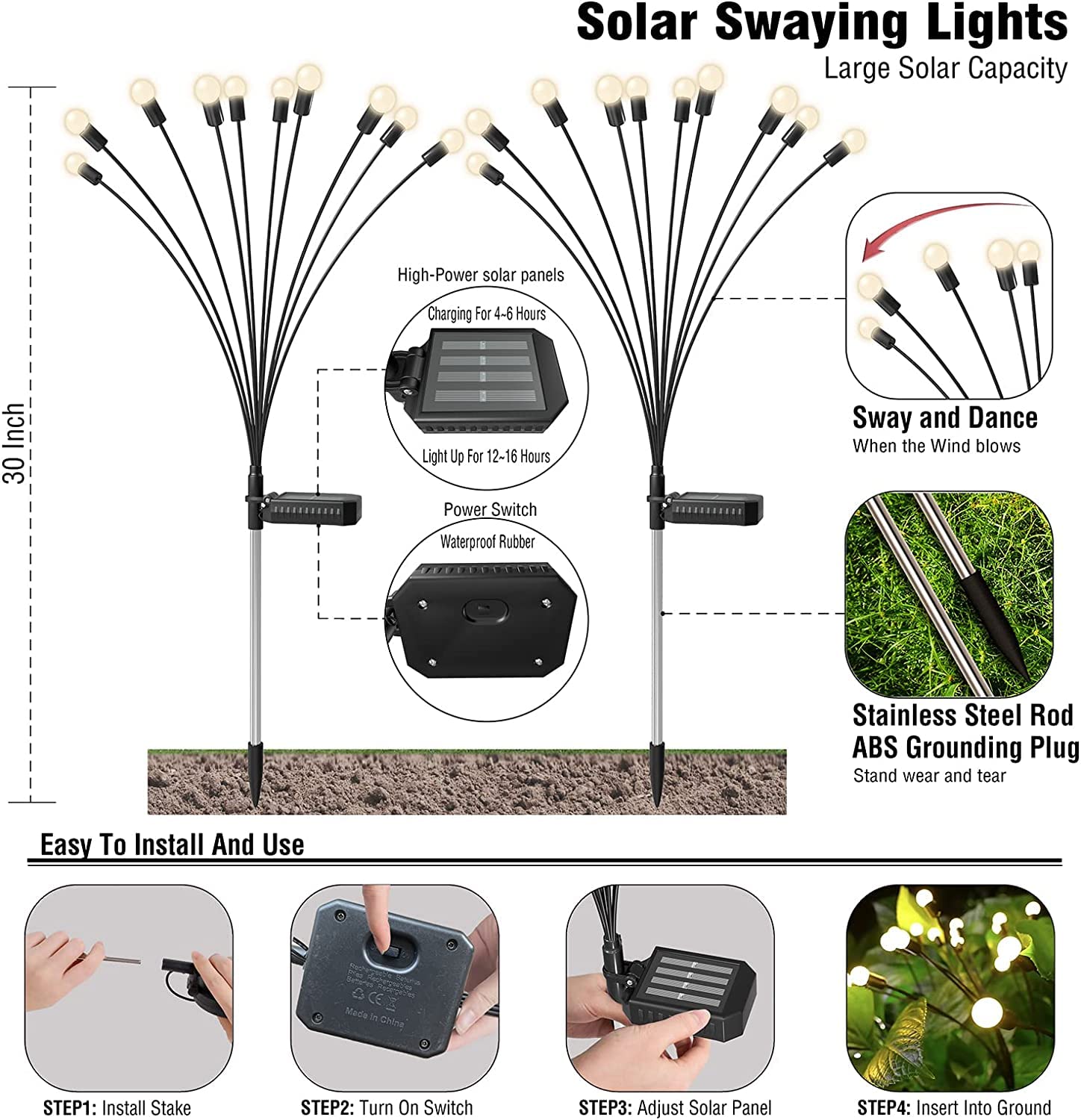 Kizozo Firefly Solar Lights Outdoor Garden 4PACK 40 LED, Garden Ornaments Decoration IP65 Waterproof, Outdoor Solar Lights, Warm White - Image 2