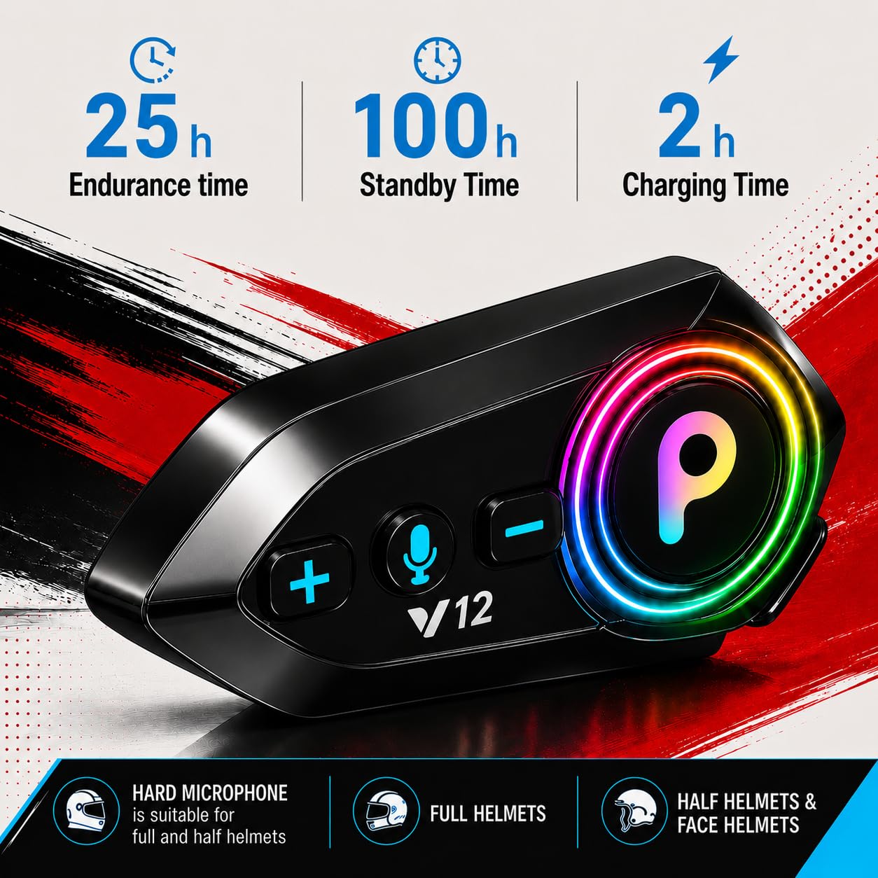 Primate Y12 Bluetooth Motorcycle Helmet Headset – HD Calling and HiFi Music & GPS Support, IP67 Waterproof, Works with Android & iOS, Universal Helmet Compatibility (Y12) — Amazon image 2