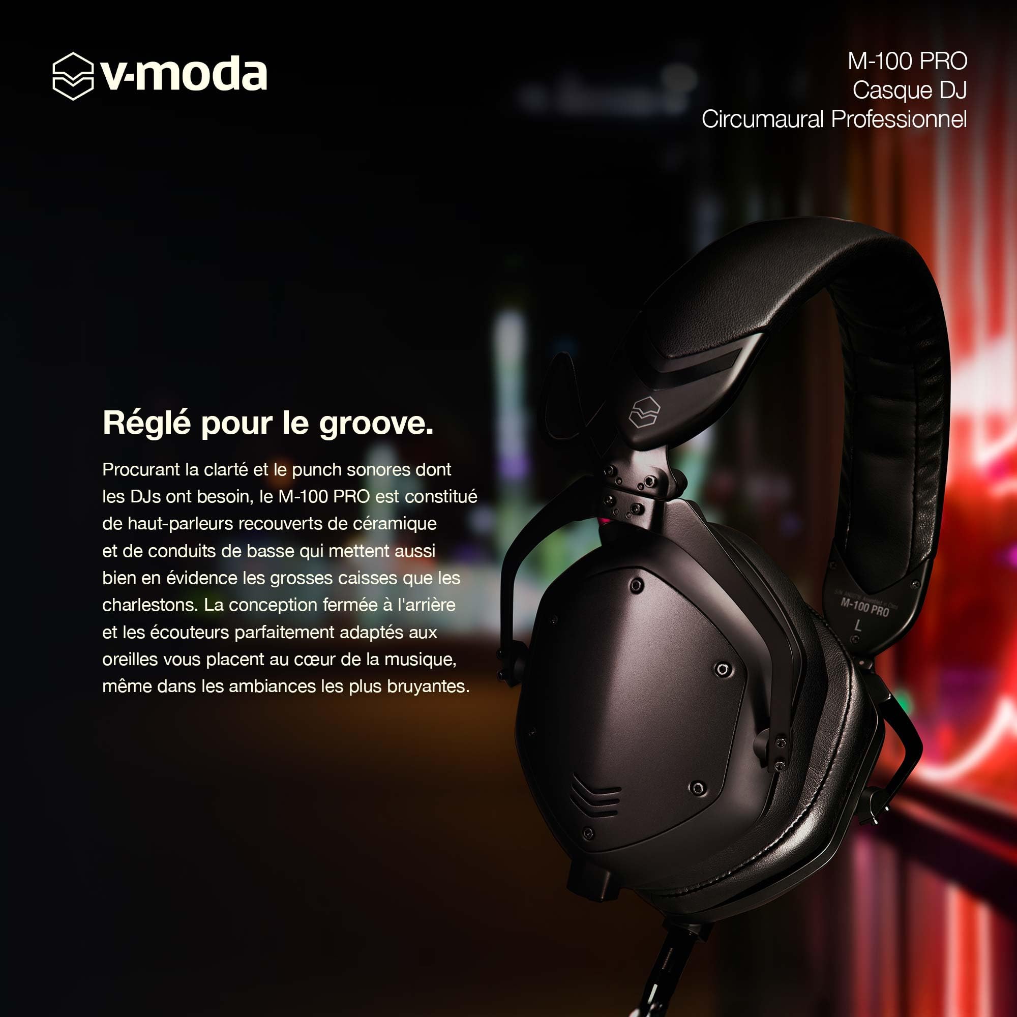 V-Moda M-100 PRO | Casque professionnel circumaural pour DJ | Conçu pour les DJs pros et la musique rythmée | Isolation phonique supérieure | Écoute à une oreille | Confort longue durée