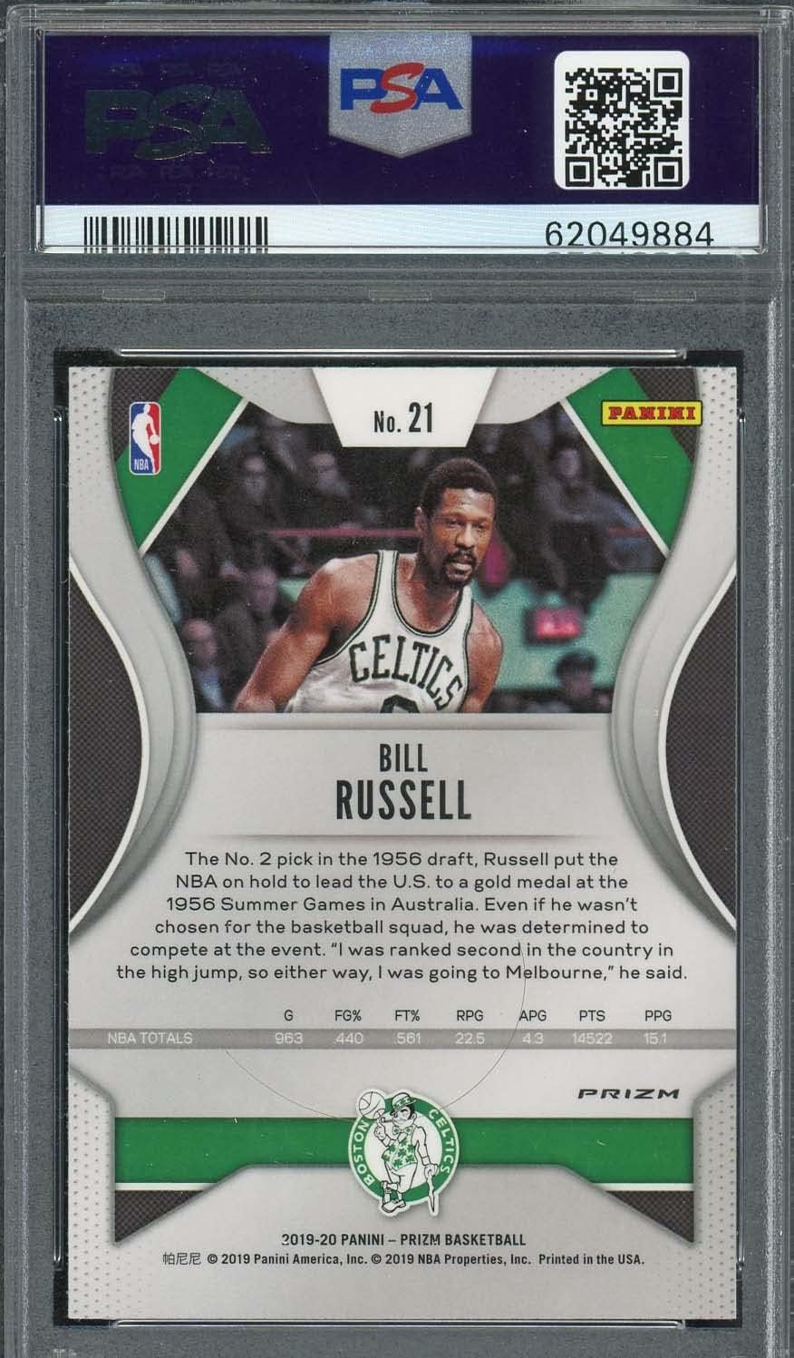 Bill Russell 2019 Panini Prizm Green Prizm Basketball Card #21 Graded PSA 10