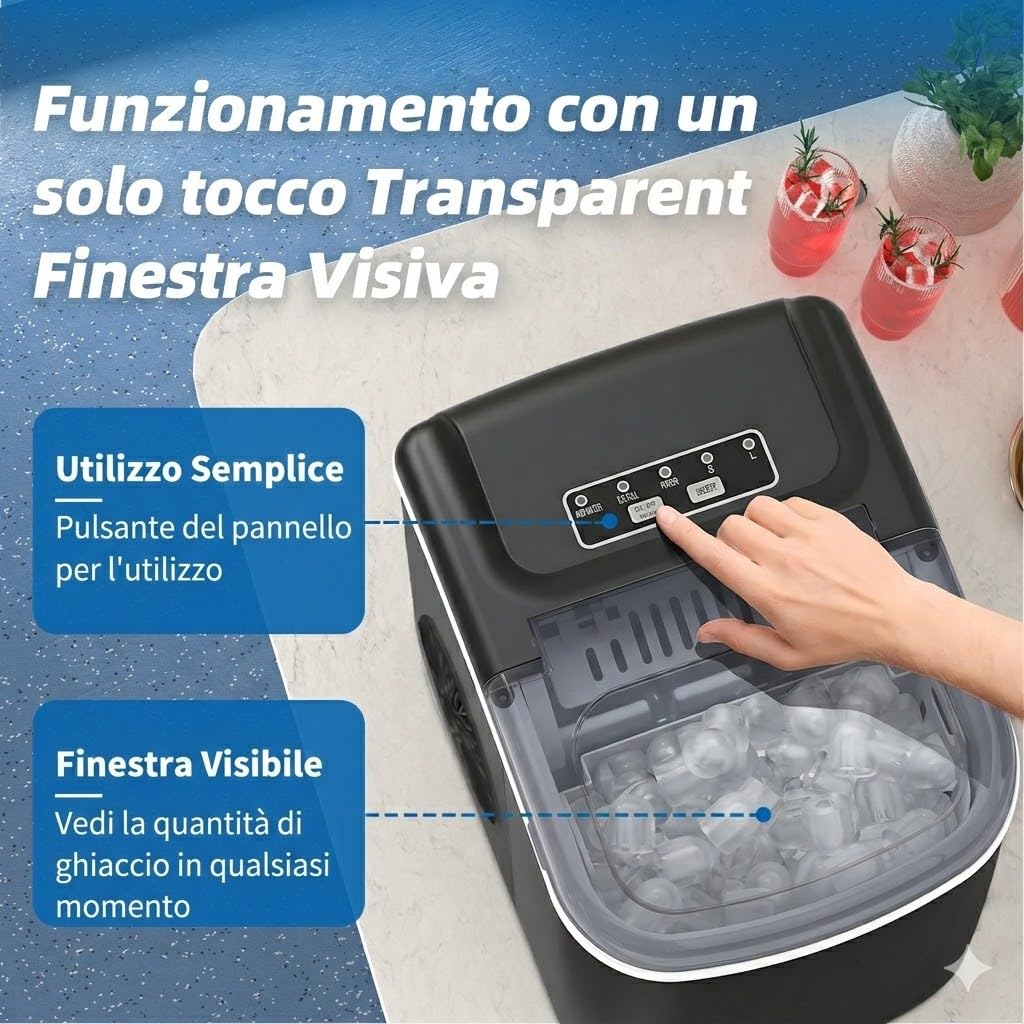 Macchina del Ghiaccio Portatile 12KG/24H Fabbricatore Ghiaccio Casa con Autopulizia Produce 9 Cubetti in 6 Minuti 2 Dimensioni Ghiaccio a Proiettile Nero Silenziosa con Cestello e Paletta