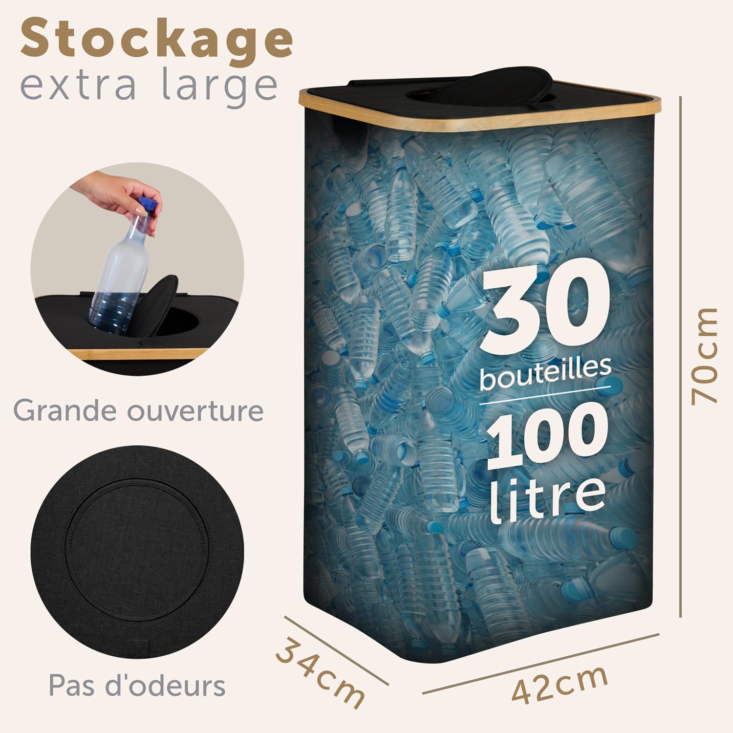 Blumtal Conteneur de consigne pour bouteilles 100L - Organisateur de bouteilles de consigne en bambou avec sac pour bouteilles de consigne - Conteneur de collecte pour bouteilles de consigne noir