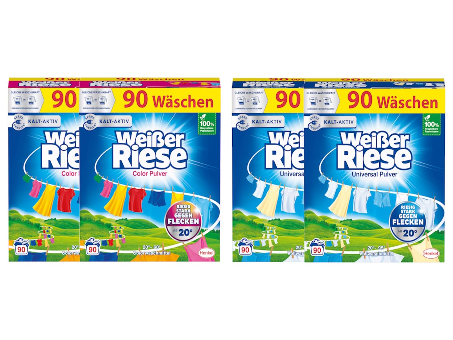 WEISSER RIESE Pulver-Set 4x 90 Waschladungen (360WL) 2x Color & 2x Universal, Color- & Vollwaschmittel wirkt riesig stark gegen Flecken, Kalt-Aktiv schon ab 20° C, ergiebiges Waschpulver
