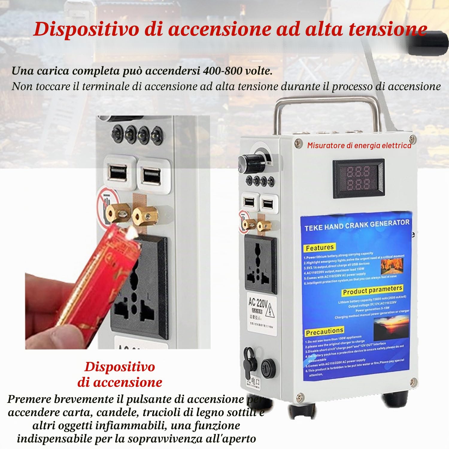 Generatore da Esterno 200W/500W 220V/110V, Portatile, a manovella, generatore di Emergenza USB ad Alta Potenza, Utilizzabile per ricaricare la Batteria dell'auto 27AH/200W
