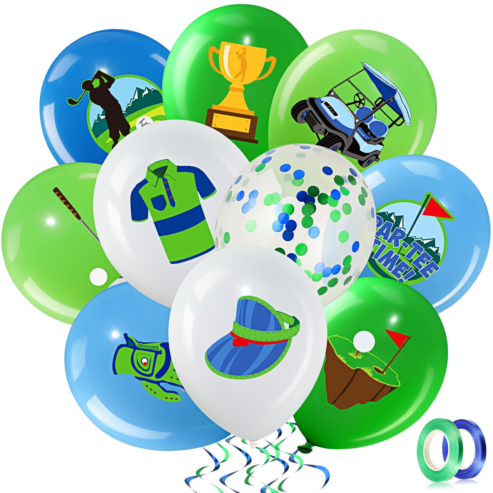 Capoda 60 Pcs Golf Theme Party Decoration 12 Inch Golf Balloons Bulk Navy Blue Green White Latex Balloons with 2 Ribbons for Kids Sport Birthday Party