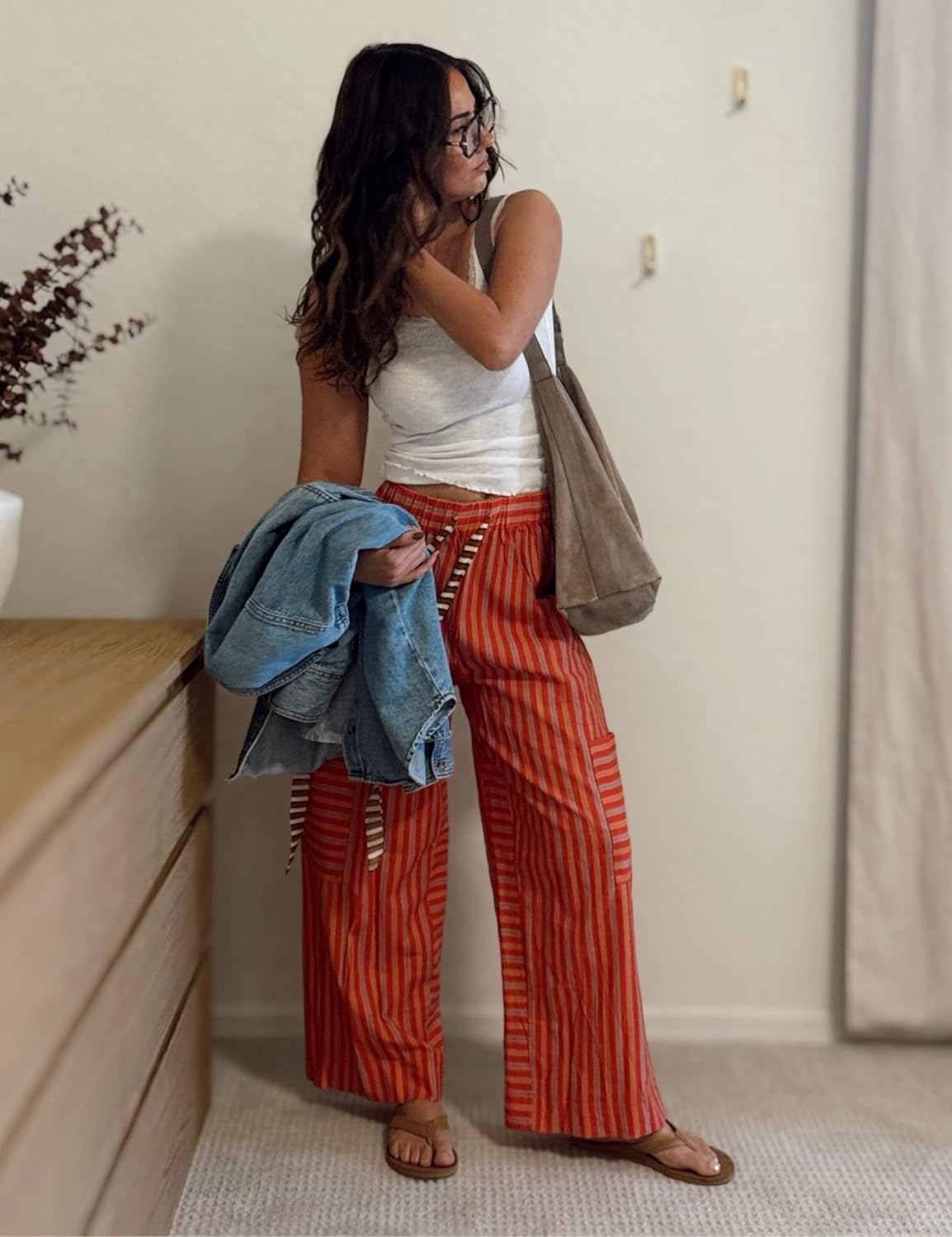 Bankeng Women Drawstring Striped Pants Loose Wide Leg Lounge Pants Casual Palazzo Pants Trousers with Pockets