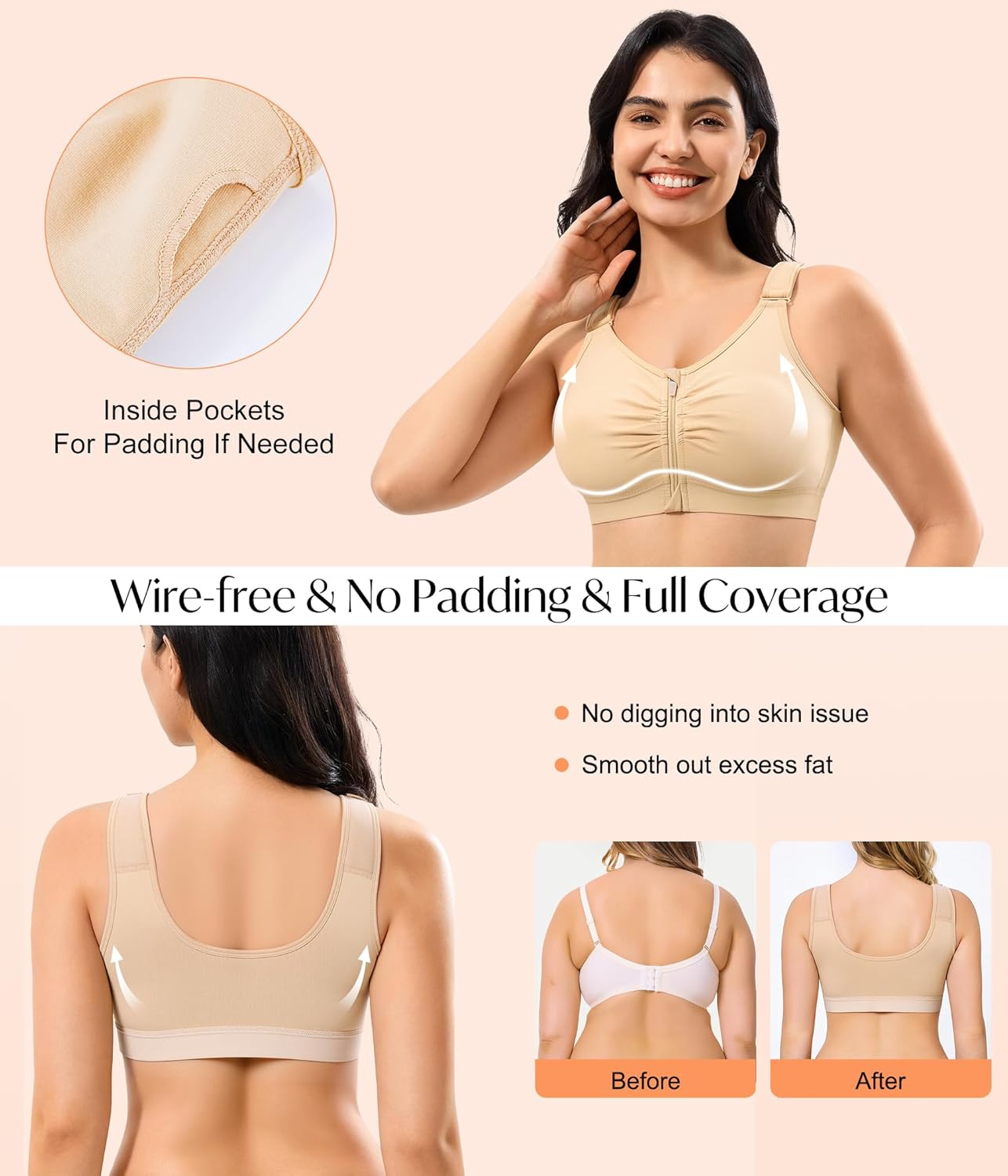 CYDREAM Zip Front Bra for Women Wireless Full Coverage Comfort Everyday Post Surgery Compression Bras Adjustable Straps - Image 3