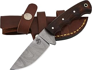 Knives Ranch Handmade 7-1/2" Arched Hunting Knife - Full Tang Construction - Damascus Steel Blade - Rosewood Handle - Heavy Duty Leather Sheath (3183-IRW) - Knives Ranch