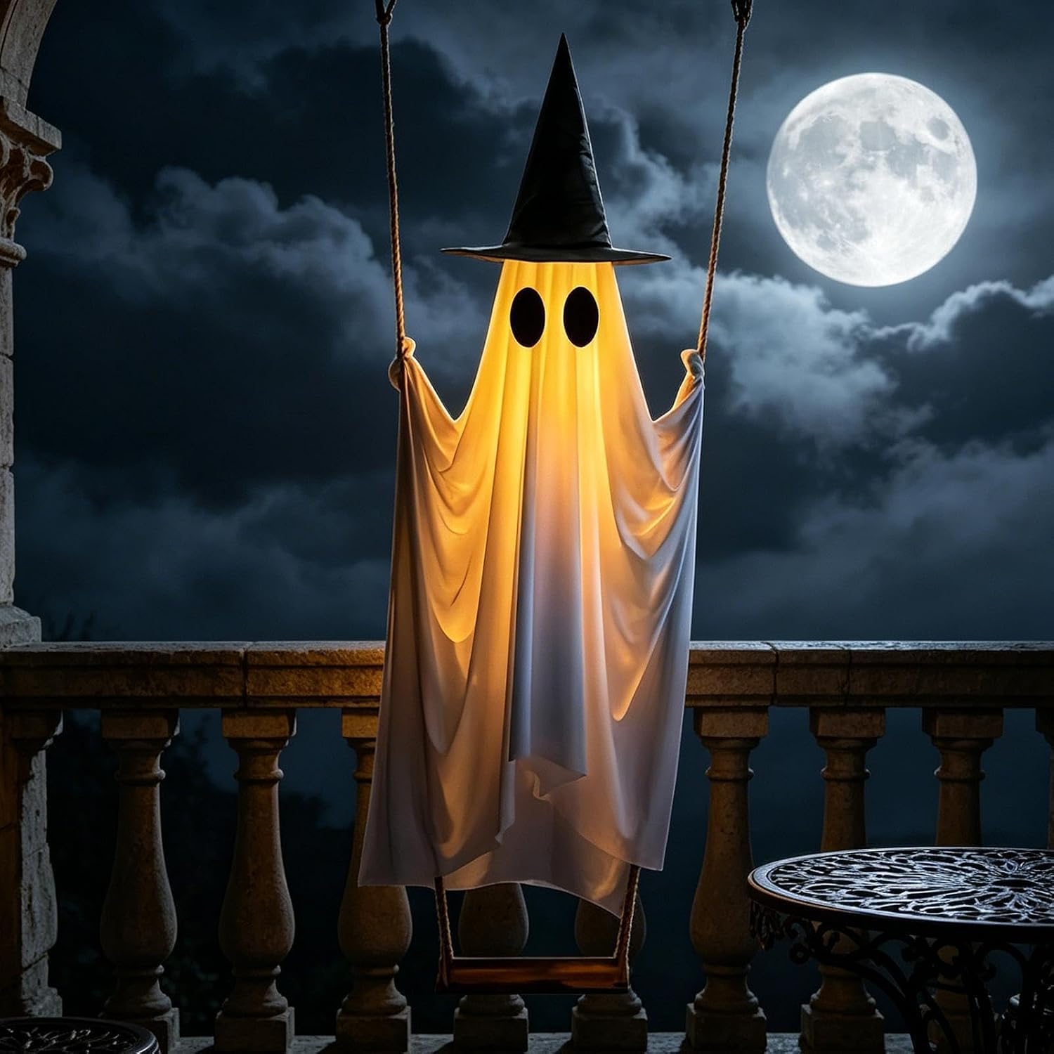 Wiszący duch dekoracja z odpinanym kapeluszem czarownicy, zdalne światło LED, wodoodporna ozdoba na werandę na Halloween, podwórko, ogród, drzewo, dekoracja na imprezę na świeżym powietrzu