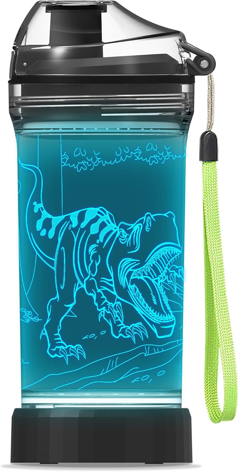 YuanDian Dinosaur 3D Glowing Water Bottle, Light Up Boy Drinking Cups with 3D Roar T REX Dinosaur Night Light- 14 OZ Tritan BPA Free – Cool Jurassic Merchandise Gift for School Kids Boy Girl