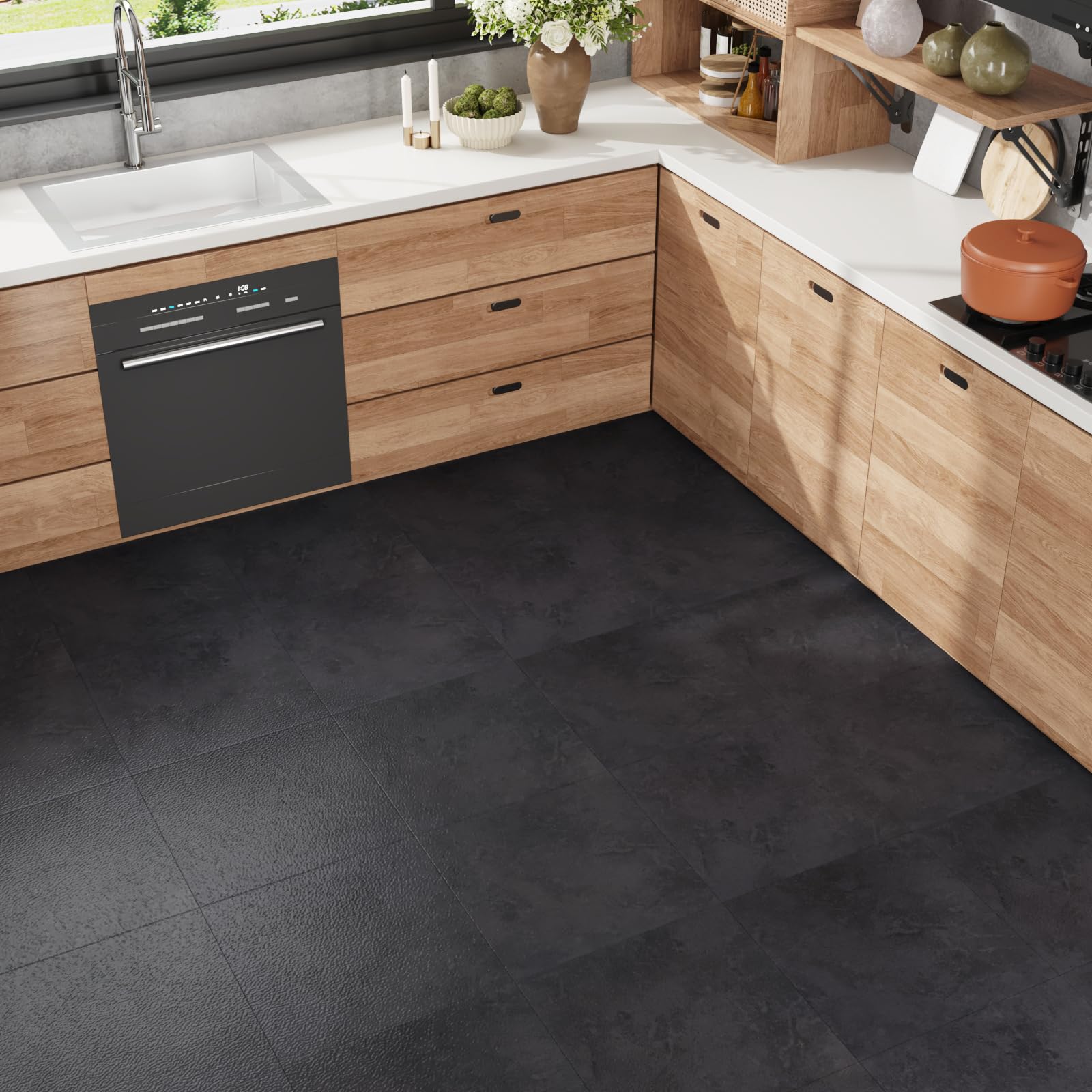 VEELIKE Dalle PVC Adhesive Sol Beton Noir 12 Pièces Carrelage Adhesif Sol Ciment Noir Dalle Garage Carreaux Adhesif Cuisine Salle de Bain Imperméable Amovible Buanderie Chambre 1.5mm 30 cm ×30 cm
