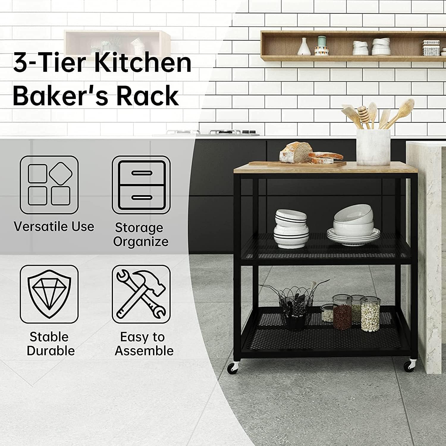 OGFC 45242 Home Bar Cart 3-Tier Standing Baker's Racks,Rolling Serving Bar Cart on Wheels with Storage Industrial, Wood Look Accent Furniture with Metal Frame,for Living Room Kitchen 3