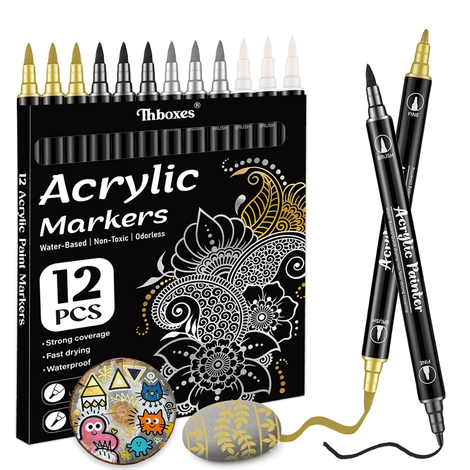Thboxes Dual Tip Acrylic Paint Pens, 12 Pack, Black White Gold Silver