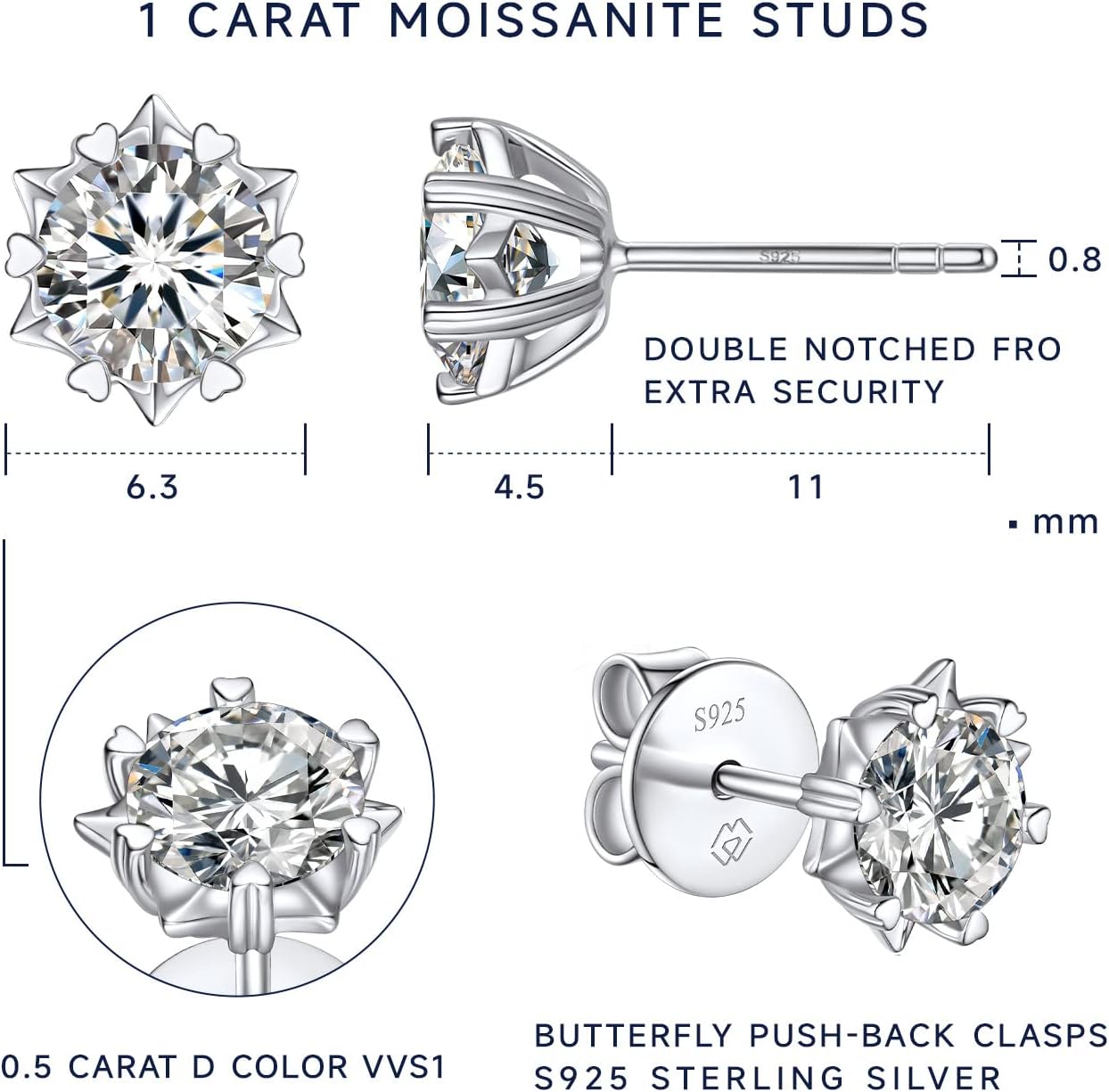 MomentWish Moissanite Earrings, Birthday Gifts for Her, D Color VVS1 Clarity Moissanite Stud Earrings, White Gold Plated 925 Sterling Silver Studs Jewelry for Women Men - Image 7