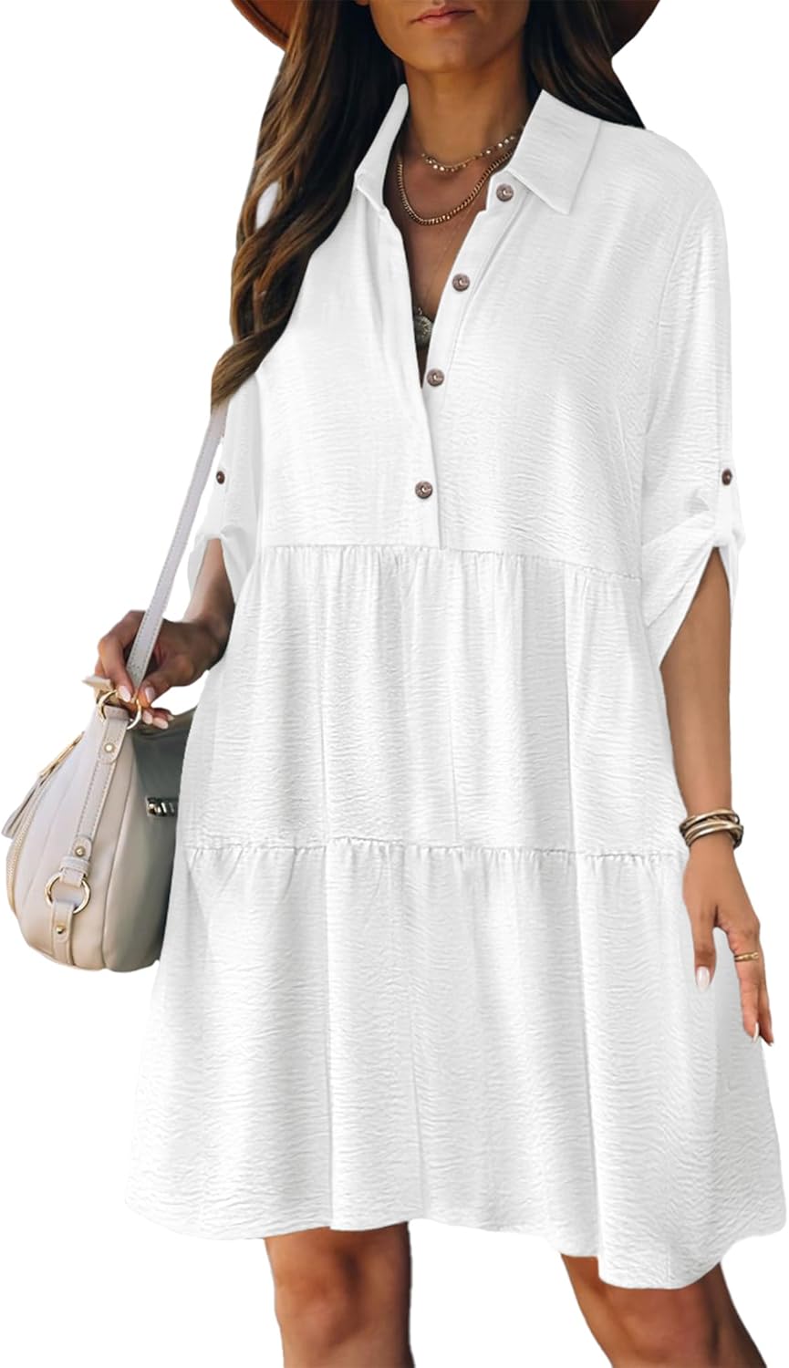 Bsubseach Womens Summer 2026 Casual Midi Dresses Button Down 3/4 Sleeve Ruffle Dress Boho Beach Vacation Sundress