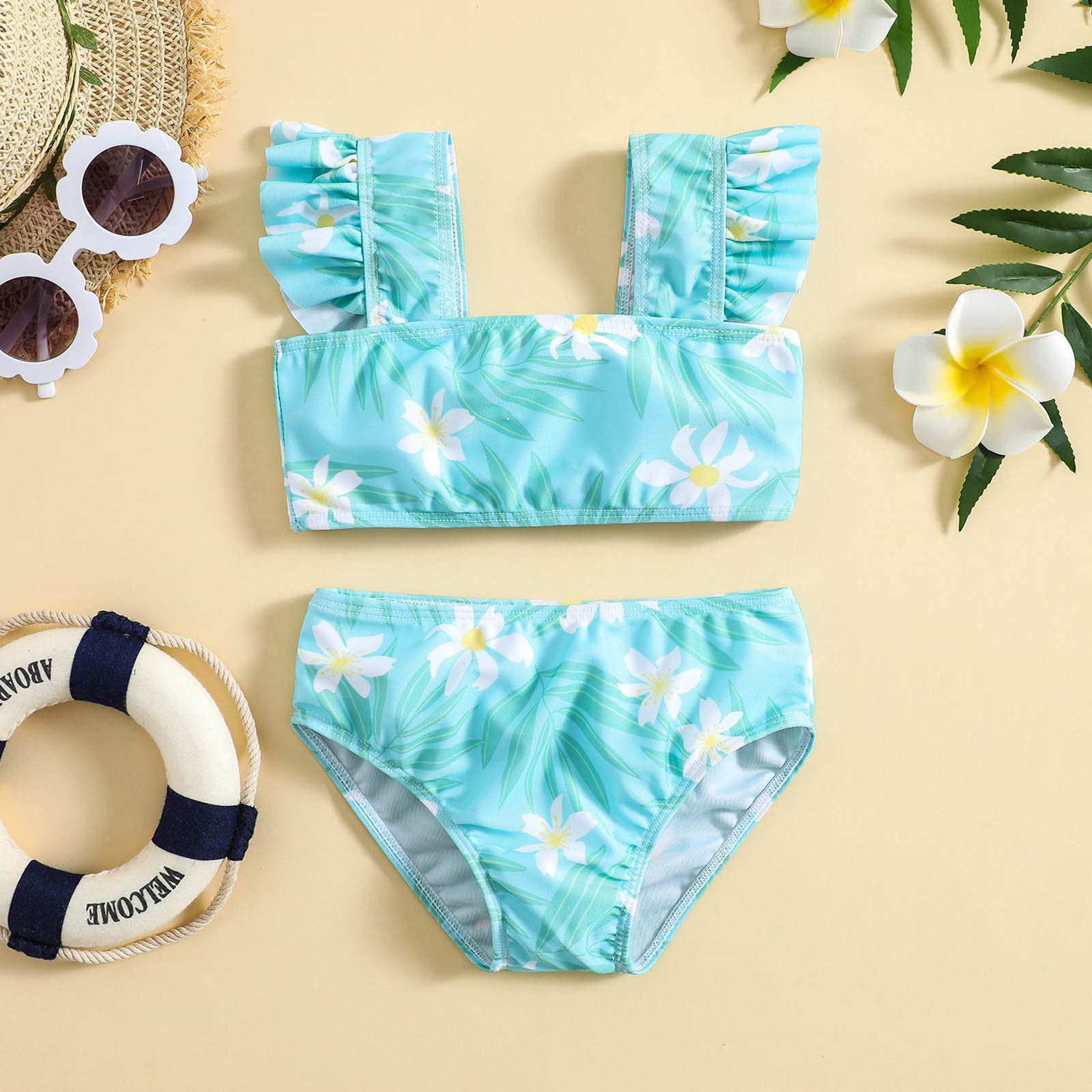 Bañador de triángulo para niña con falda de verano para niñas con estampado floral, volantes, traje de baño de dos piezas