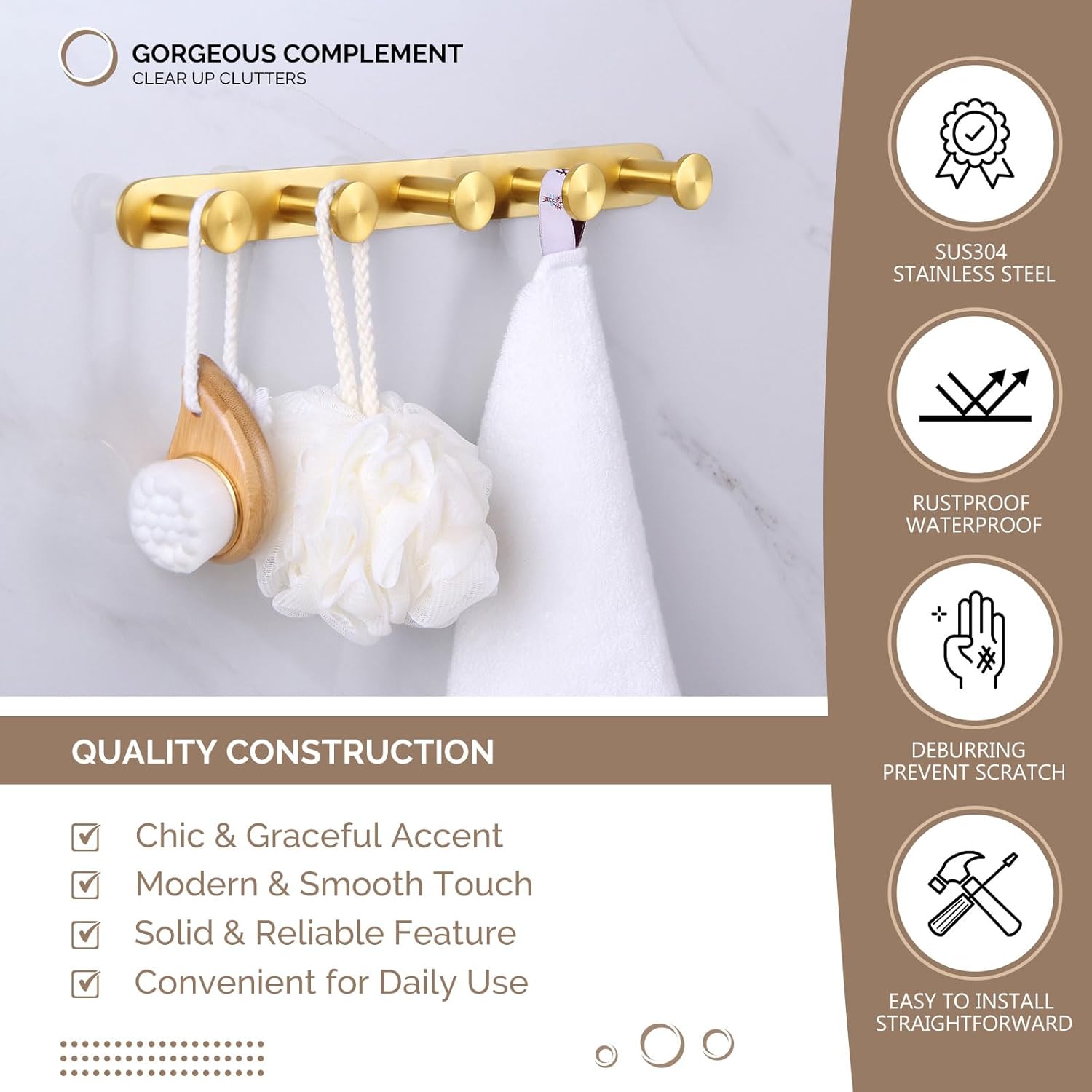 Brushed Gold Stainless Steel Wall Mounted Towel Hook Rack