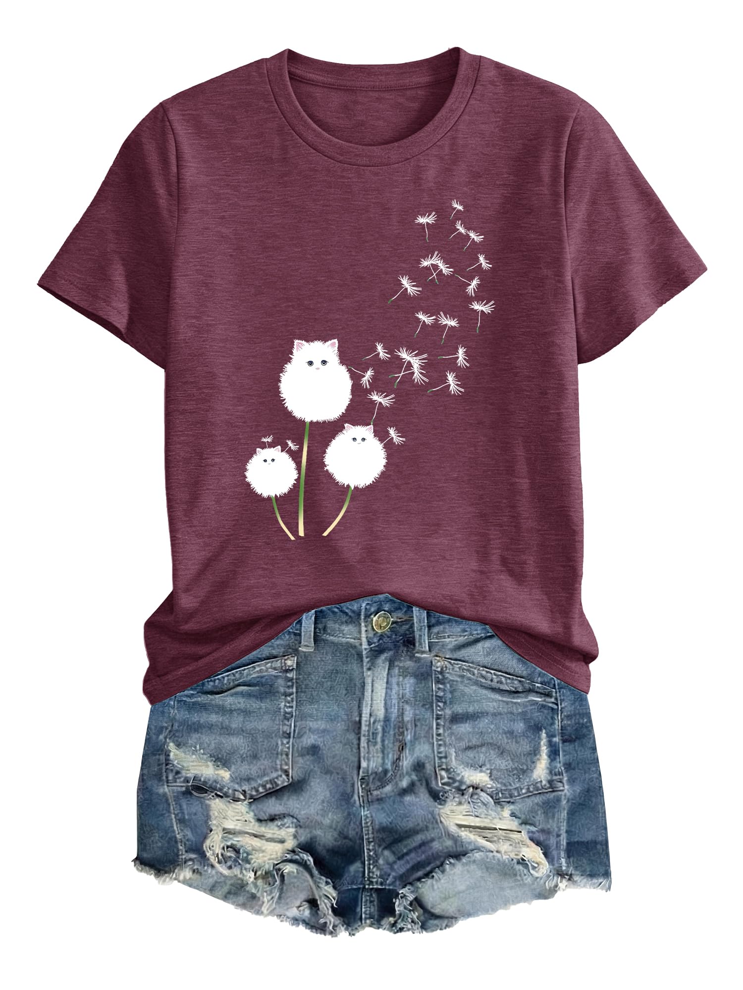 Anbech Women Dandelion Print T Shirts Summer Short Sleeve Graphic Tees | Cute Dandelion Paw Print Tshirt Casual Crewneck Loose Fit Flower T-shirts Teen Girls Colorful Comfy and Soft Daily Wear