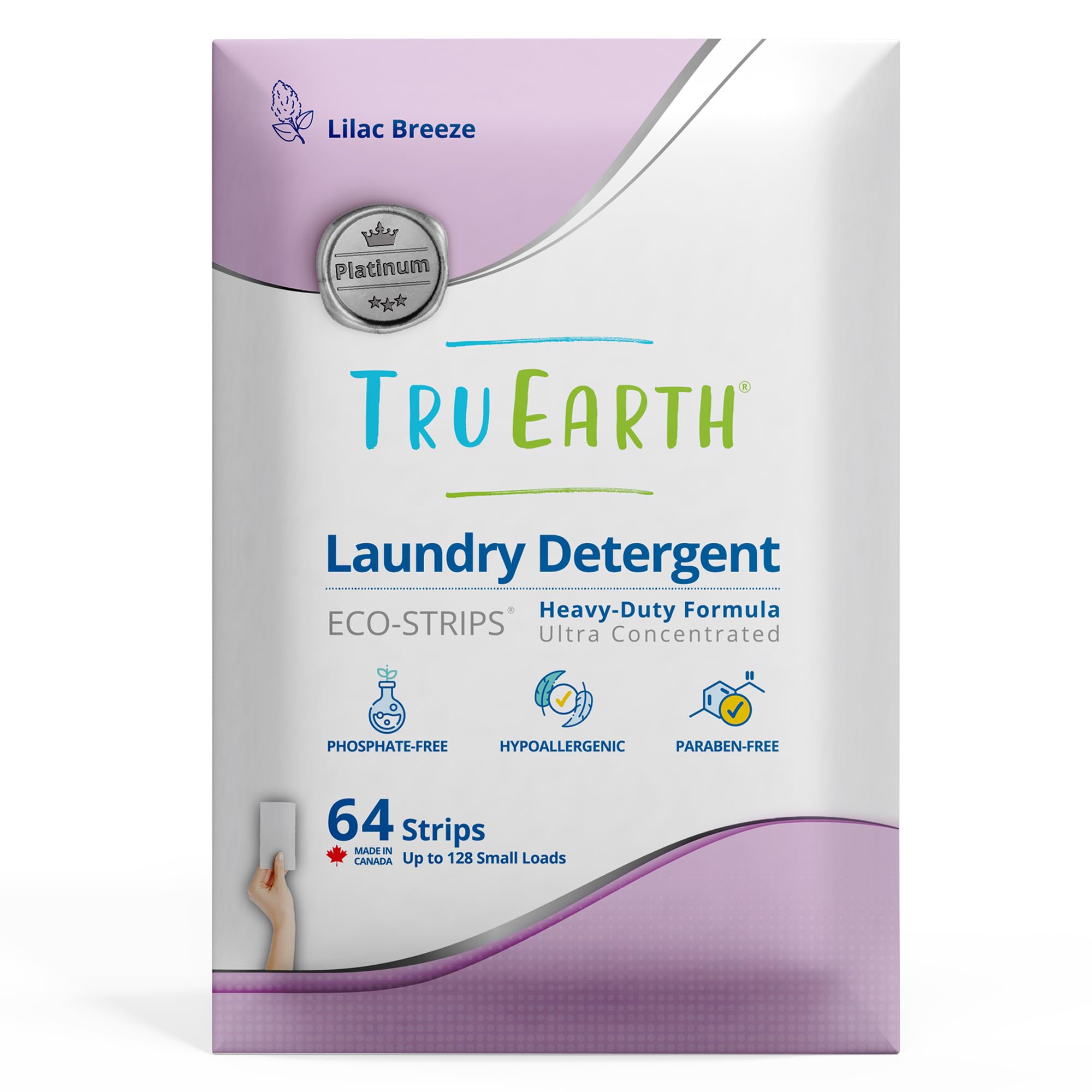 Tru Earth Platinum - Heavy Duty Laundry Detergent Sheets - Up to 128 Loads (64 Count), Lilac Breeze Scent - Ultra-Concentrated Strips Formula -