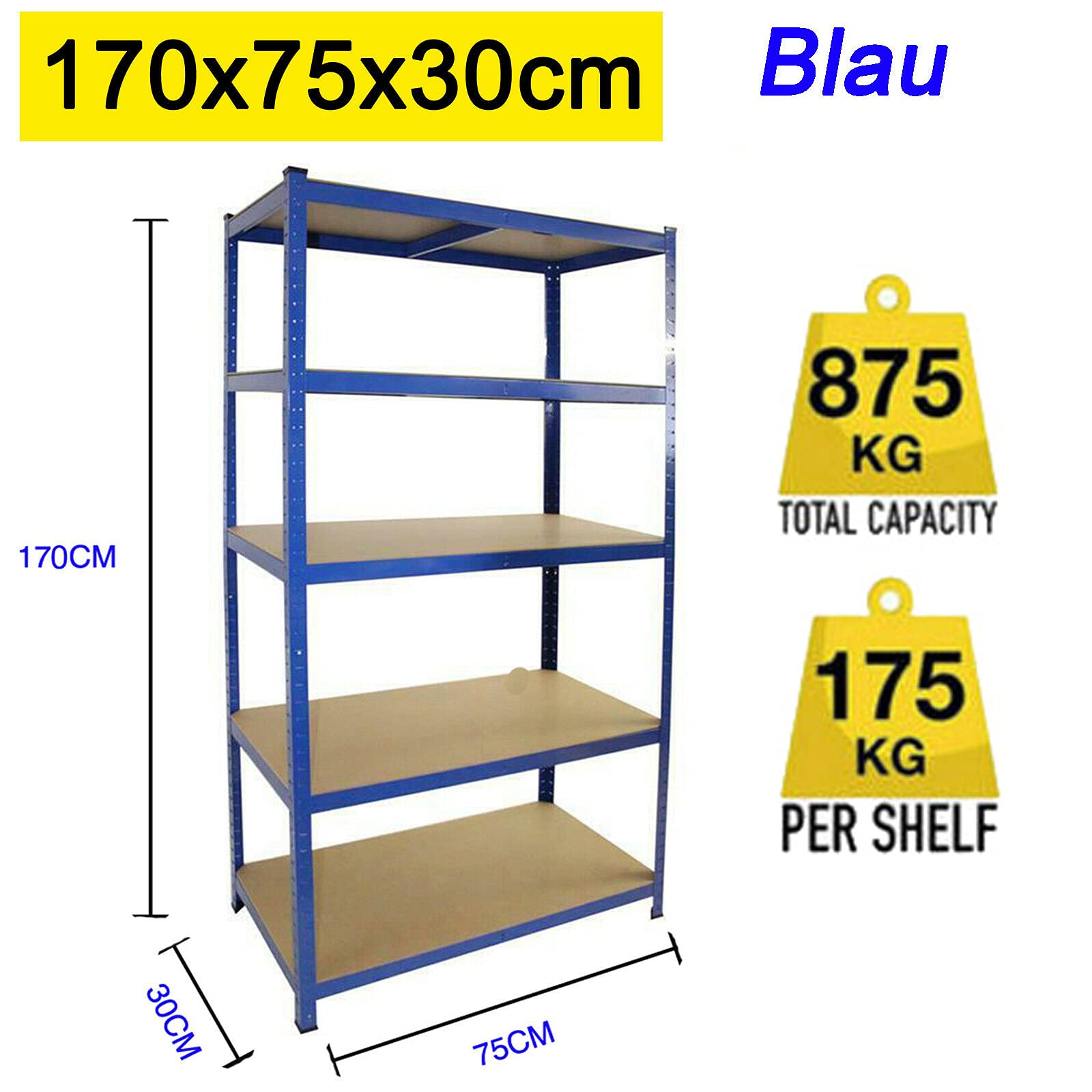 Juego de 2 estanterías de metal resistente de 170 x 75 x 30 cm, 5 estantes de almacenamiento para garaje, almacén, taller, soporta 875 kg, color azul y resistente