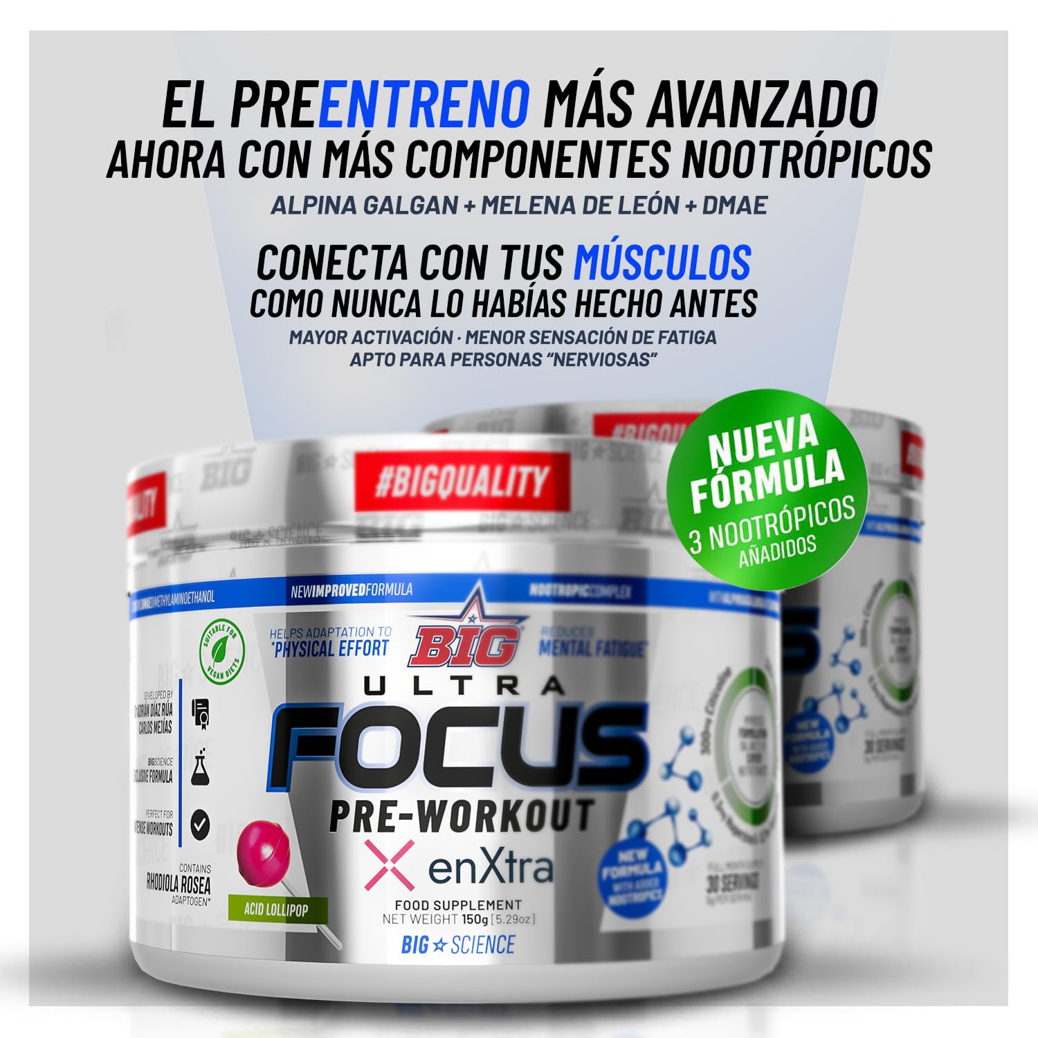 BIG - Pre Entreno Gimnasio - 30 Tomas - Pre Workout Potente con Nootropicos - Pre Entreno Fuerte con 300 mg Cafeina - Aumenta la Concentración y Reduce la Sensación de Fatiga (150g, Acid Lollipop)