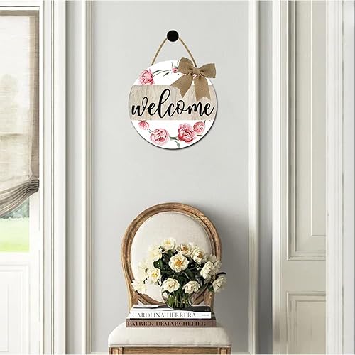 Miniatura 5 de Letrero de bienvenida de madera rústica, redondo de 12 pulgadas, rosa y marrón, tema de flores, colgante con colgador de cinta de arpillera