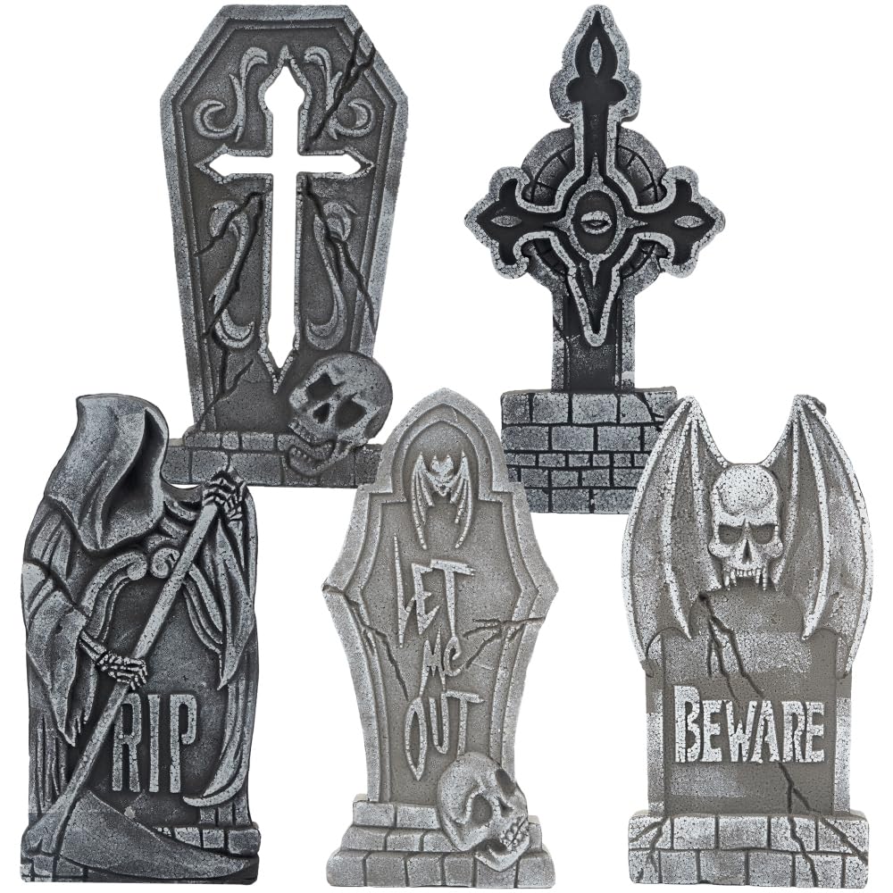 Joyin Grey 17" Halloween Decorations Outdoor Tombstones, 5 Pack Foam Headstones With 10 Metal Stakes For Halloween Prop Cemetery Yard Lawn Decorations, Party Supplies