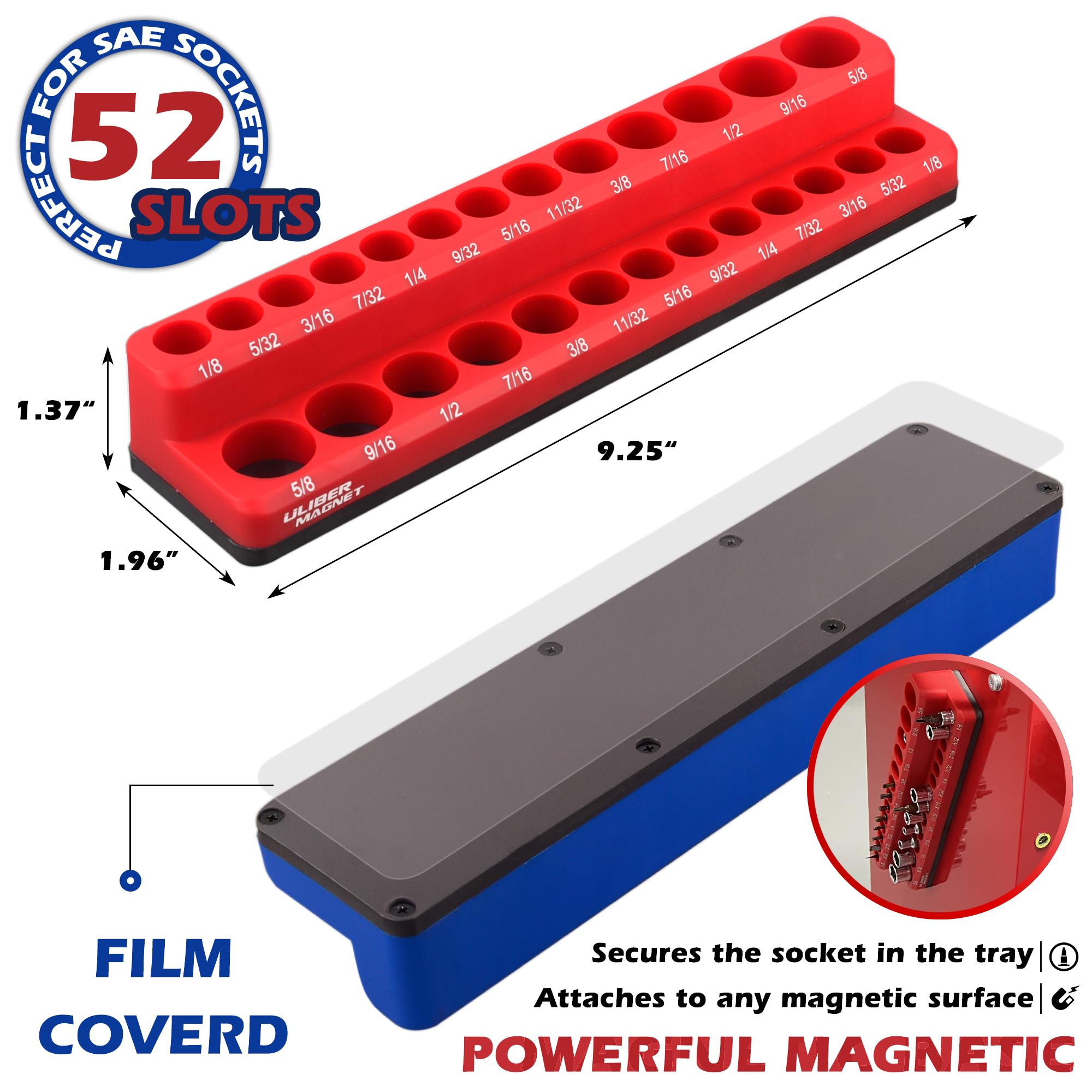 ULIBERMAGNET Magnetic Socket Holder,2PCS 1/4 Inch Socket Organizer Set,SAE Socket Holders with Strong Magnetic,Holds 52 Standard Sockets for Toolbox,Tool Carts(Sockets Not Included)