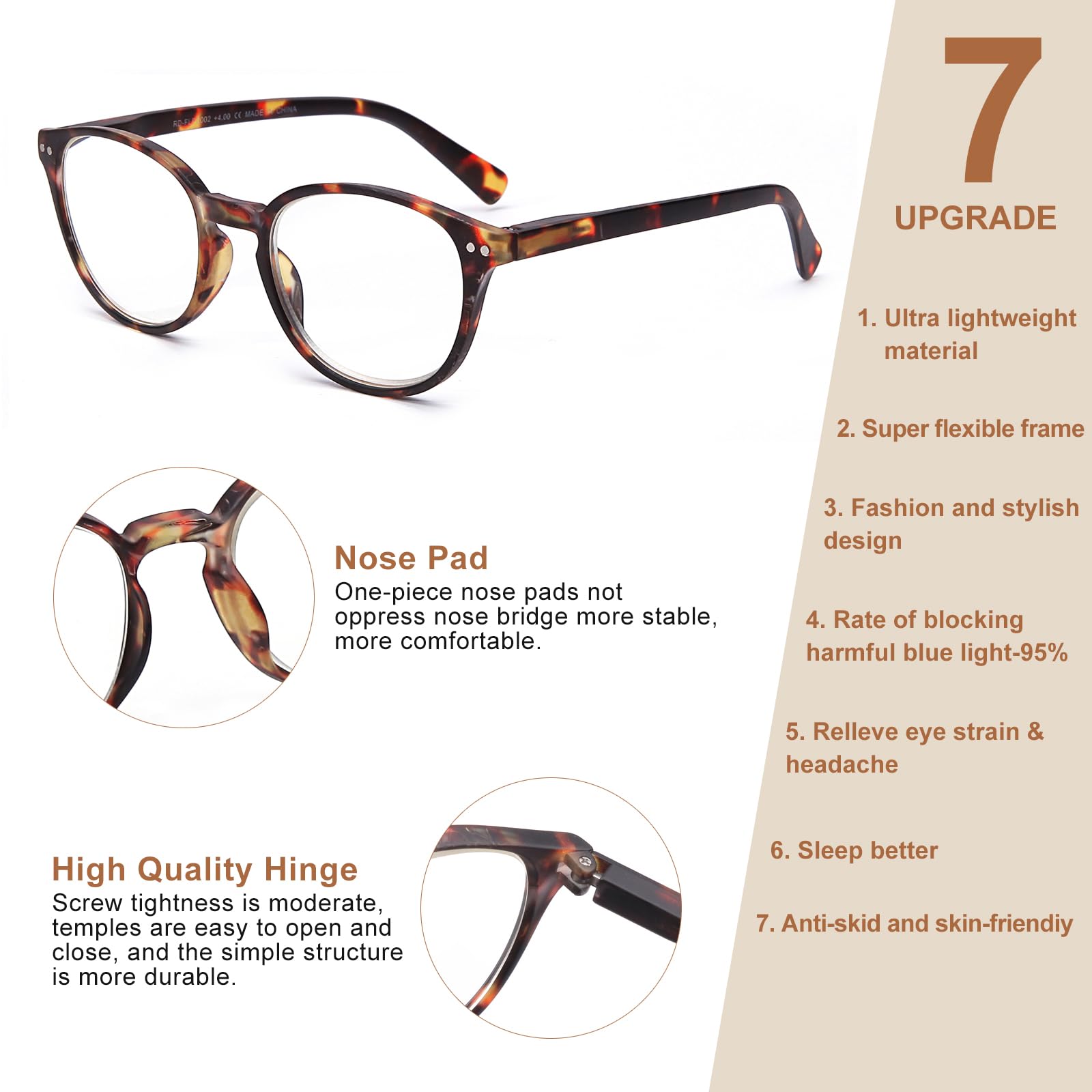 OKH Blue Light Blocking Glasses for Women Men Computer Gaming Eyewear Anti Glare Anti Eye Strain Reduce Headaches Eyeglasses with Spring Hinges (Tortoise Round) - Image 3