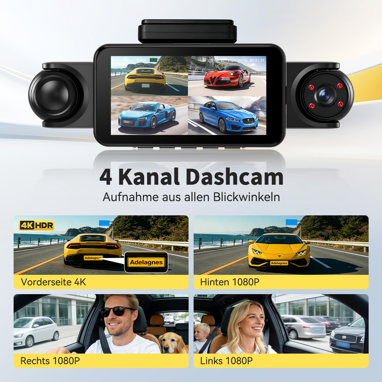 4 Kanal Dashcam 360° Dashcam Auto Vorne Hinten 4K+1080P, 5 Zoll IPS Bildschirm Dash Cam Auto Kamera mit WiFi Kostenlose 64 GB Karte,8 IR Lamp Nachtsicht,G Sensor,Loop-Aufnahme,APP Steuerung