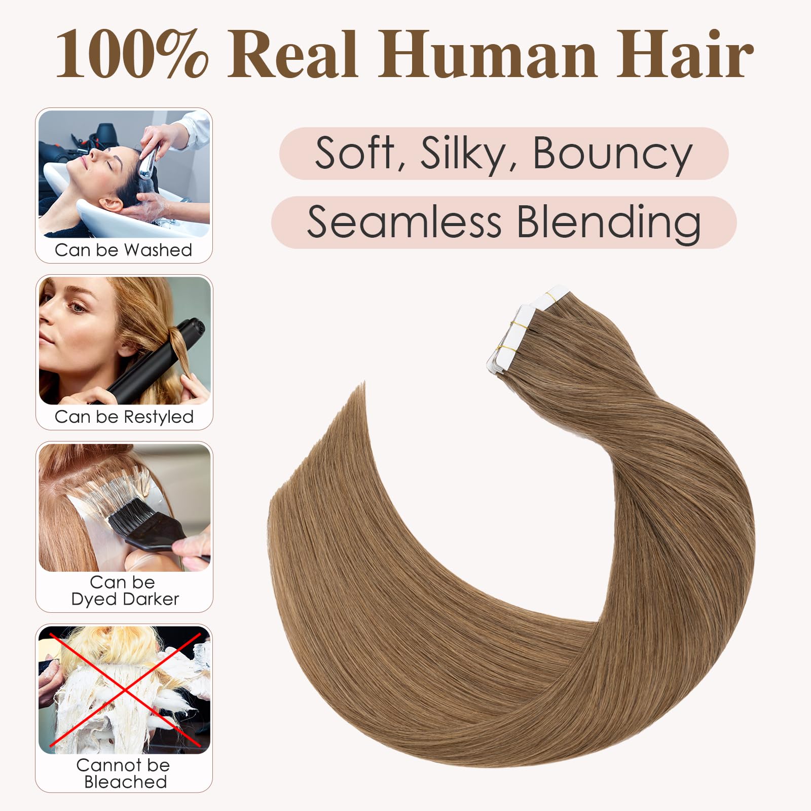 TESS Tape in Hair Extensions Human Hair 10 PCS #06 Light Brown - 18 Inch Seamless Invisible Real Hair Extension Straight 25g - Image 3