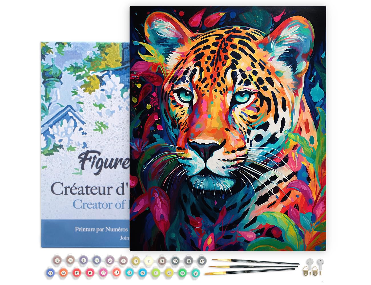 Figured'Art Paint by Numbers for Adults with Frame Colourful Abstract Leopard 40x50cm - Craft Art Painting DIY Kit Canvas Already Stretched on a Wooden Frame