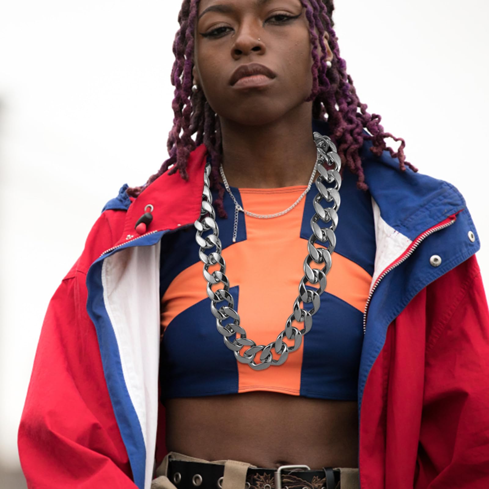Confezione da 2 collane grandi e spesse, in plastica, stile hip hop, da uomo, in oro e argento, stile anni '90, accessorio per costume