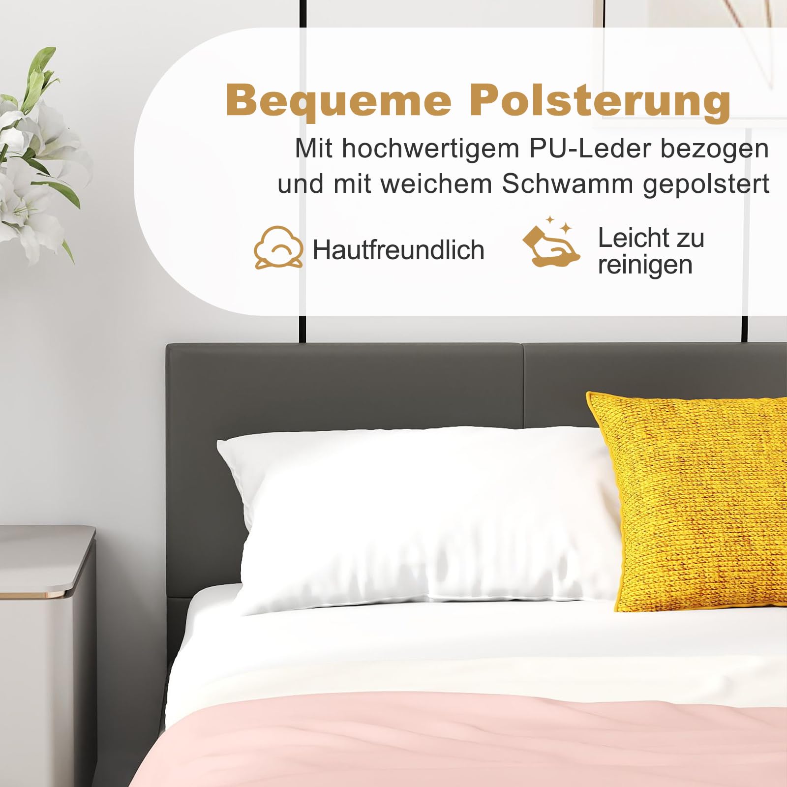 COSTWAY Łóżko z oświetleniem LED, 140 x 200 cm, rama łóżka tapicerowanego ze stelażem, rama łóżka podwójnego z zagłówkiem ze sztucznej skóry (kolor szary)