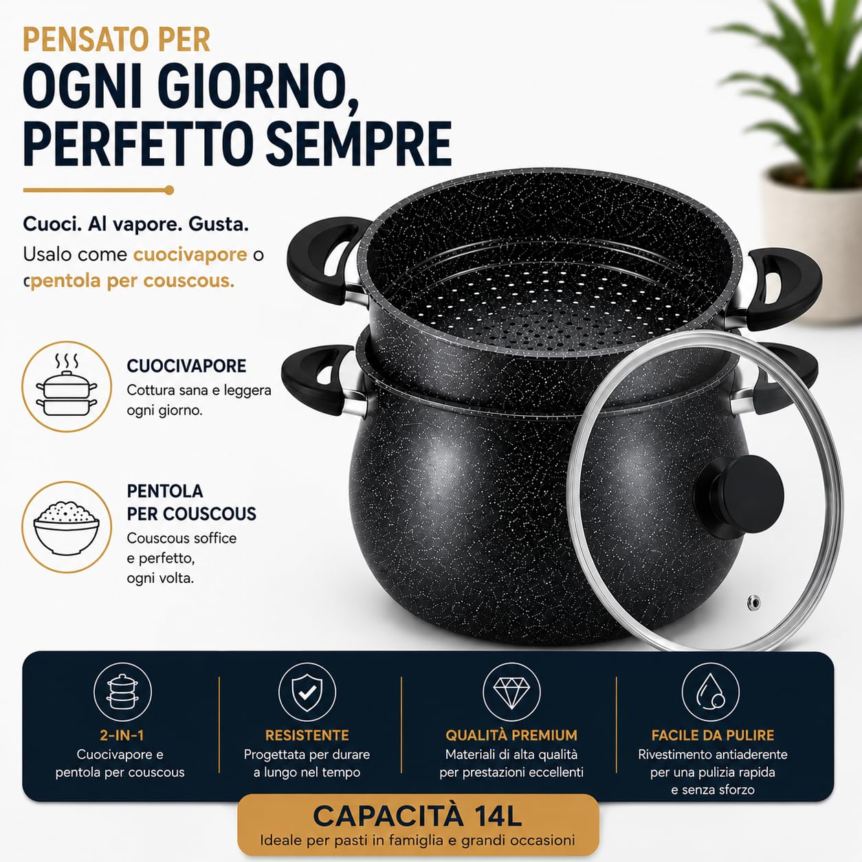 Royal Swiss Couscoussier Ø30 cm – 14L con coperchio in vetro – rivestimento in pietra antiaderente – alluminio nero – tutti i fuochi di cui induzione – Vapore per couscous & verdure