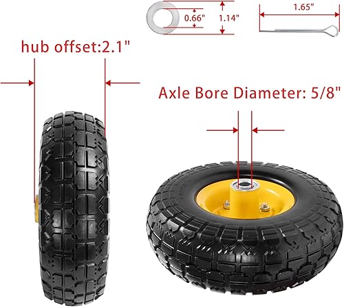 Miniatura 3 de Neumático y rueda de 4.10/3.50-4 sin planos, neumático de goma sólida de 10 pulgadas con rodamientos de 5/8 pulgadas, cubo de desplazamiento de 2.1