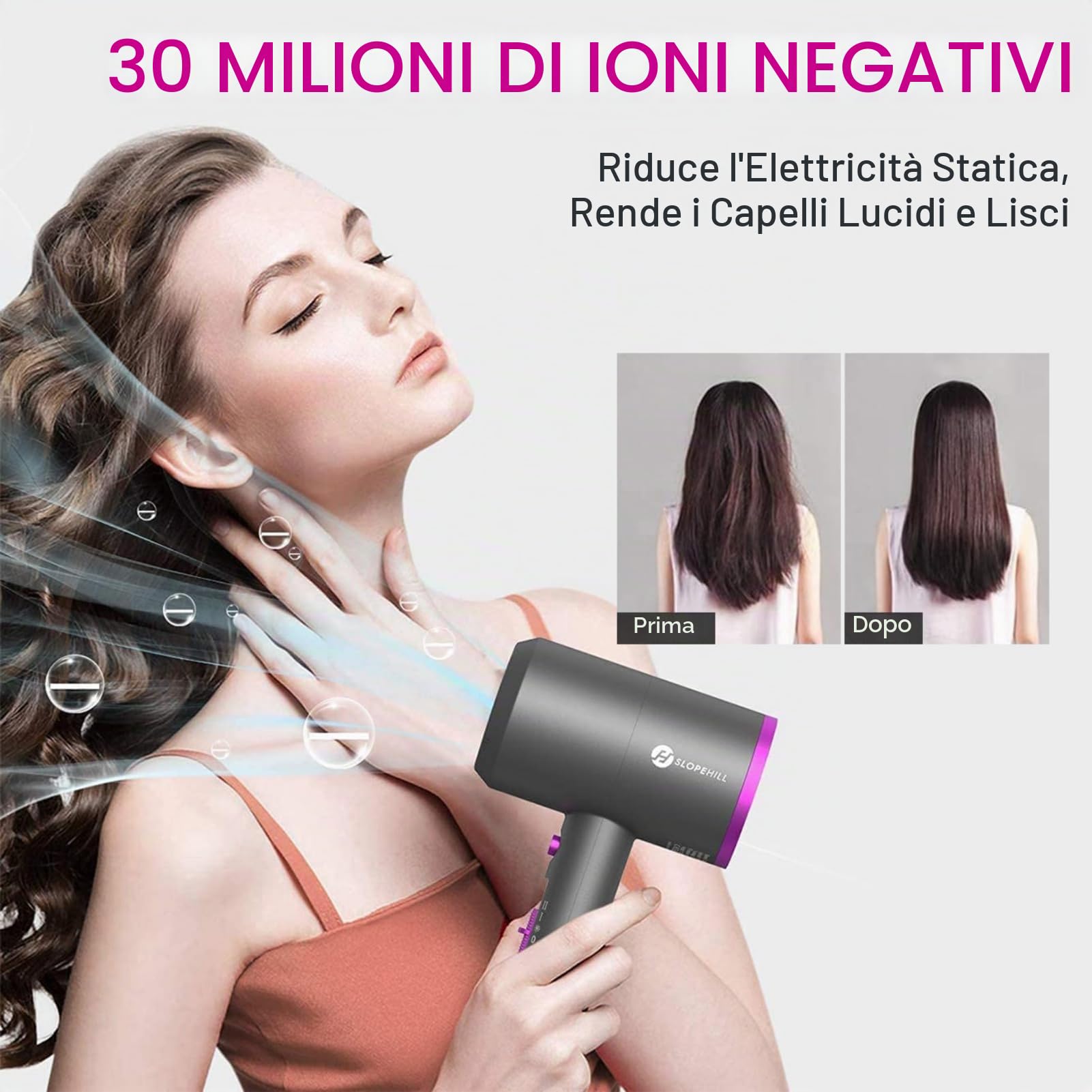 Asciugacapelli con motore AC da 1800 W, Slopehill, asciugatura rapida, asciugacapelli da salone con tasto caldo/freddo, 3 impostazioni di temperatura, 2 marce (grigio)