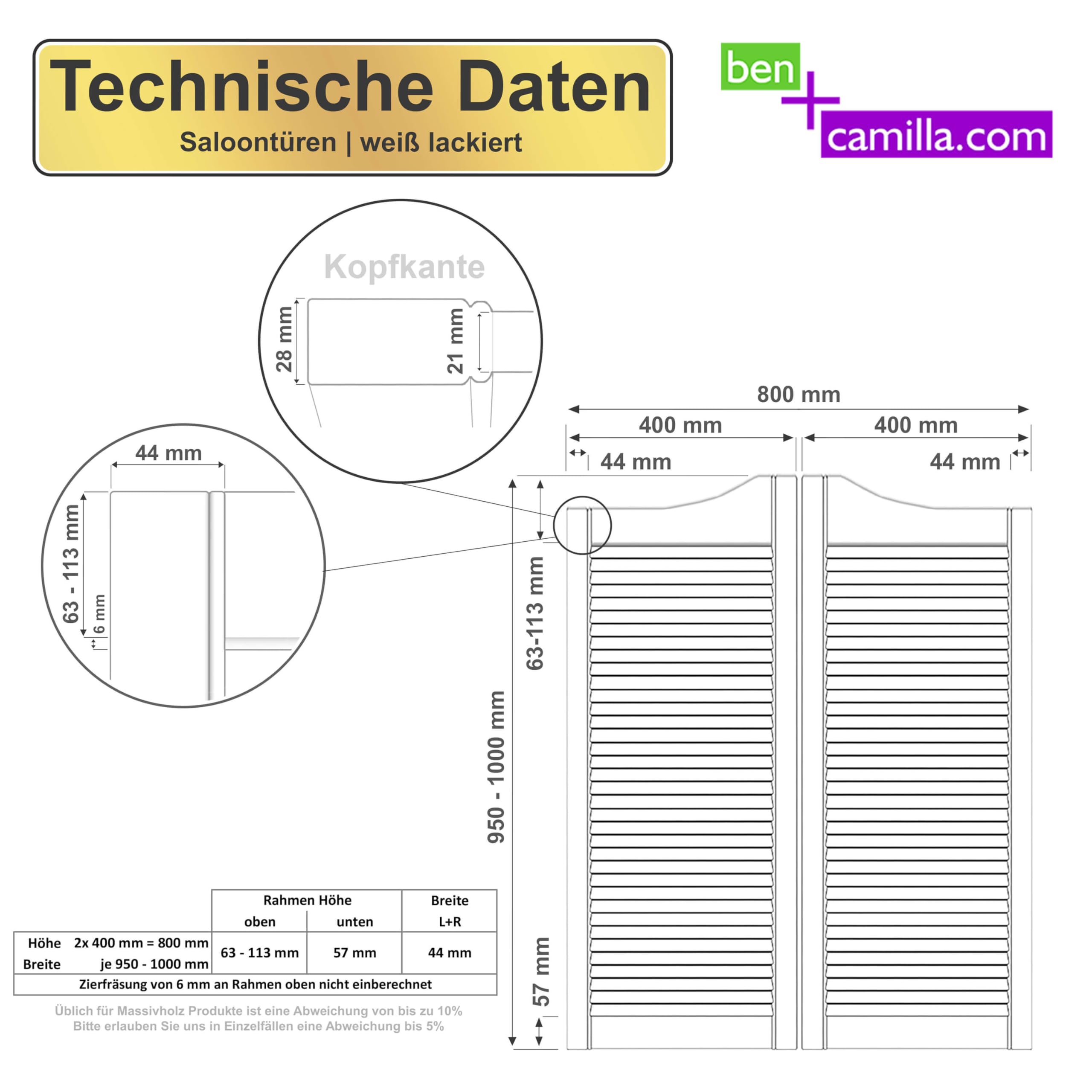 Schwingtüren-Paar (2 Stk. Links+Rechts) | Weiß 100 x 80 cm | Hochwertige Massivholz Pendeltüren mit Lamellen | Premium lackiert | Kiefer