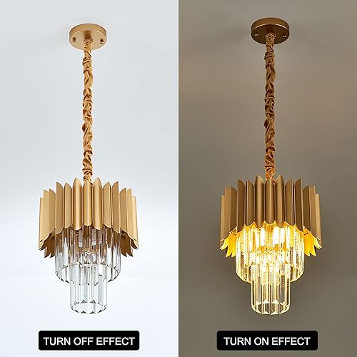 Miniatura 3 de Lámpara colgante de cristal dorado de 11 pulgadas, 4 luces de 3 niveles de lujo, lámpara colgante de cristal perfecta para comedor, dormitorio,
