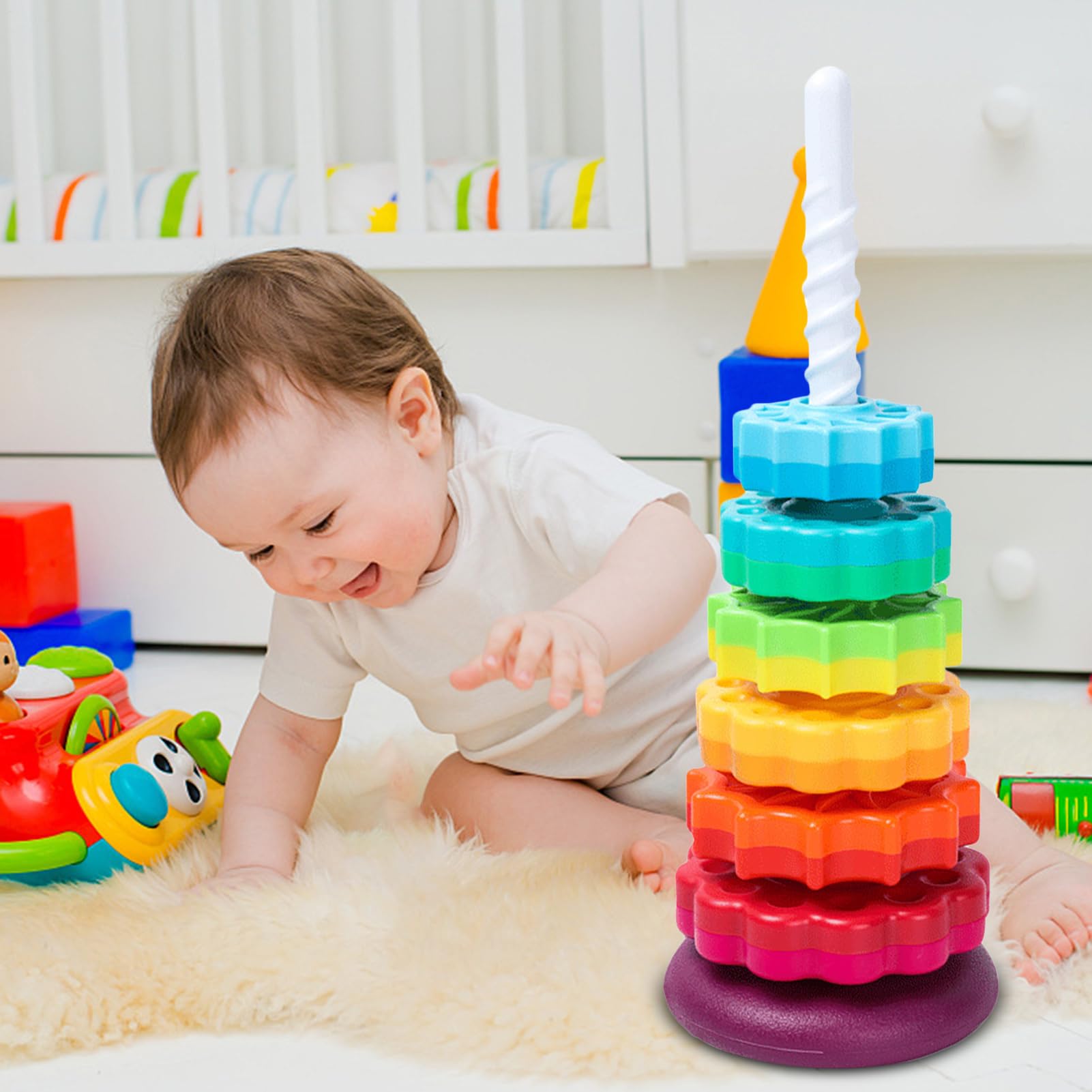 Torre di impilamento rotante – per | Lancer Anelli | Educativo | Bastone e 7 Anelli Inclusi | Giocattolo Sviluppo Motricità | Apprendimento Colori Forme