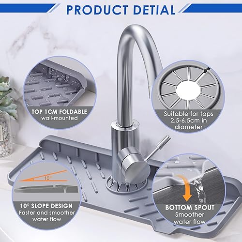 Miniatura 4 de Jokvaex Protector contra salpicaduras para fregadero de cocina, bandeja de silicona con mango de grifo, alfombrilla y jabonera y soporte de esponja