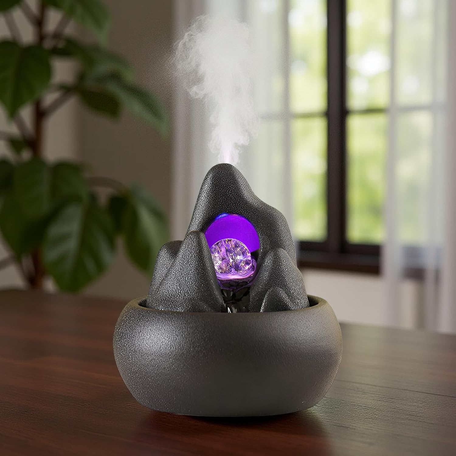 Indoor Tabletop Fountain with RGB LED Lights, Creative Design, Fixed Bubble Ball & 10 Free Natural Crystals – Zen Water Feature for Home, Office Decor, Housewarming Gift(Mountain and Water)