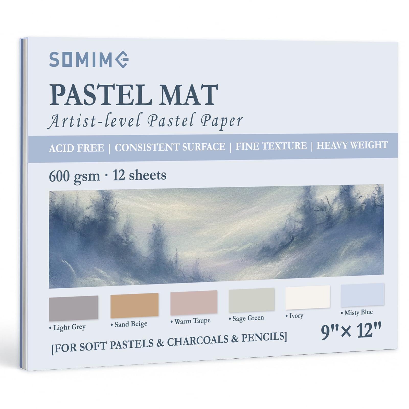 Somime 9x12 600gsm Sanded Pastel Paper Pad, 12 Sheets of 6 Light Colors