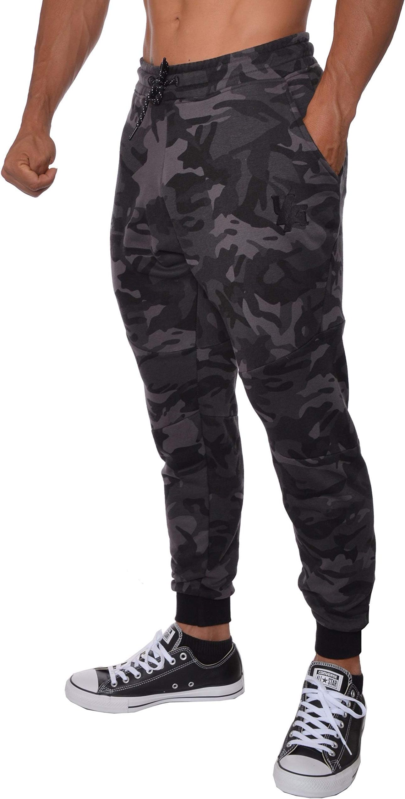 YoungLA Slim Fit Joggers for Men | French Terry Cotton Skinny Tapered Sweatpants | Gym Sports Activewear Workout Clothes 2o2 Camouflage Black X-Large