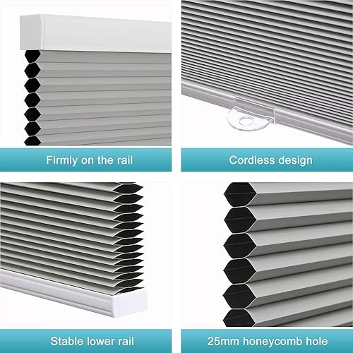Miniatura 2 de MYshade Persianas celulares opacas sin cordón, persianas de oscurecimiento de habitación para ventanas, diseño de panal (gris, 24 pulgadas de ancho
